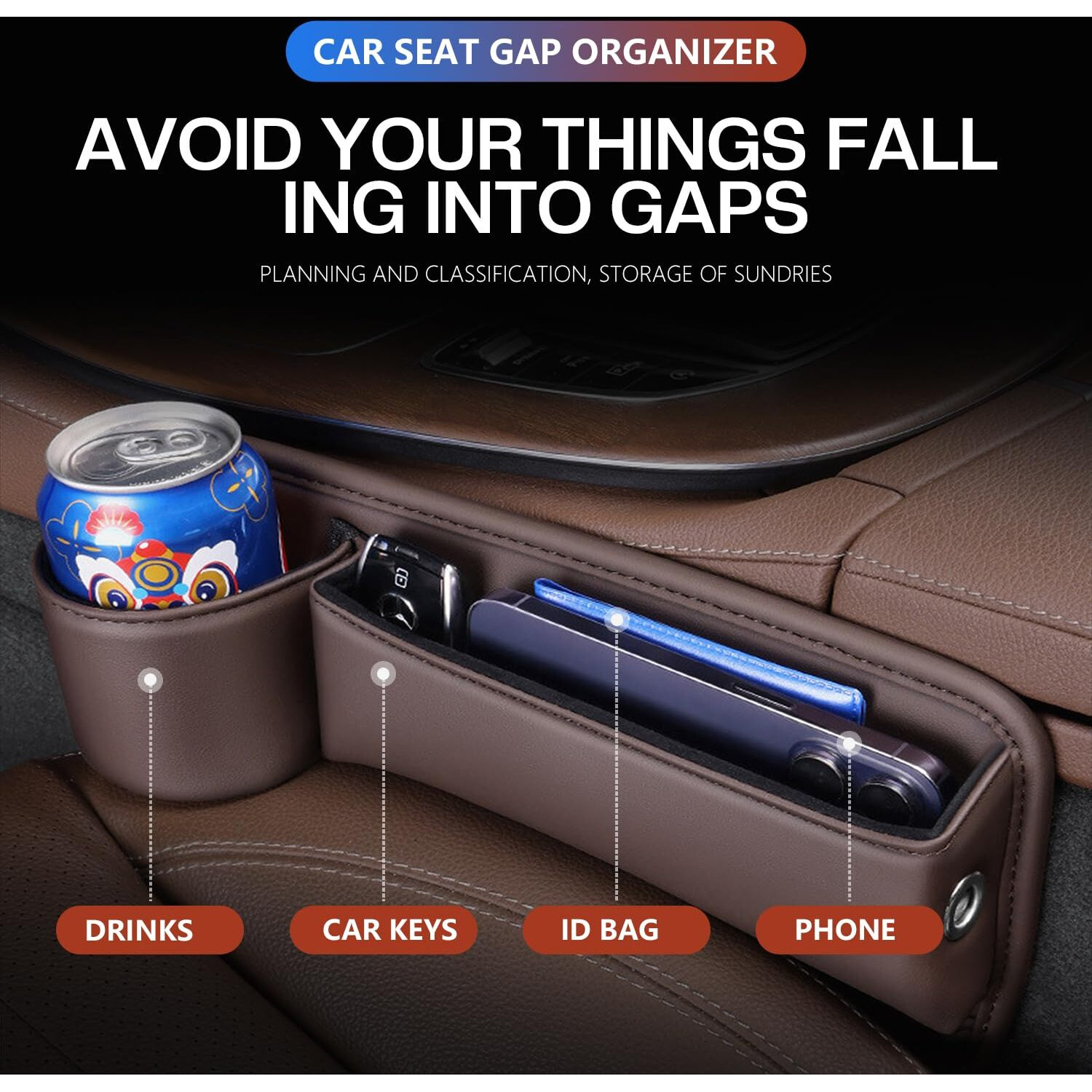 Car Leather Cup Holder Gap Bag, Car Seat Gap Filler Organizer With Water Cup Holder And Phone Charging Hole, Adjustable Leather Cup Holder Seat Gap Organizer, Car Seat Gap Filler Organizer
