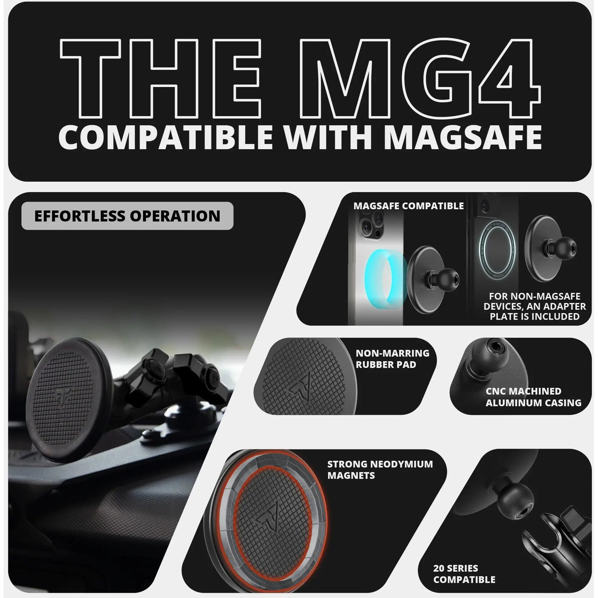 Tackform 26 Series Magnetic Phone Holder - Compatible With Magsafe, Ram Mounts, And 1"" / B Size Ball Systems | Cnc Billet Aluminum, Neodymium Magnets, Non-Marring Rubber Pad