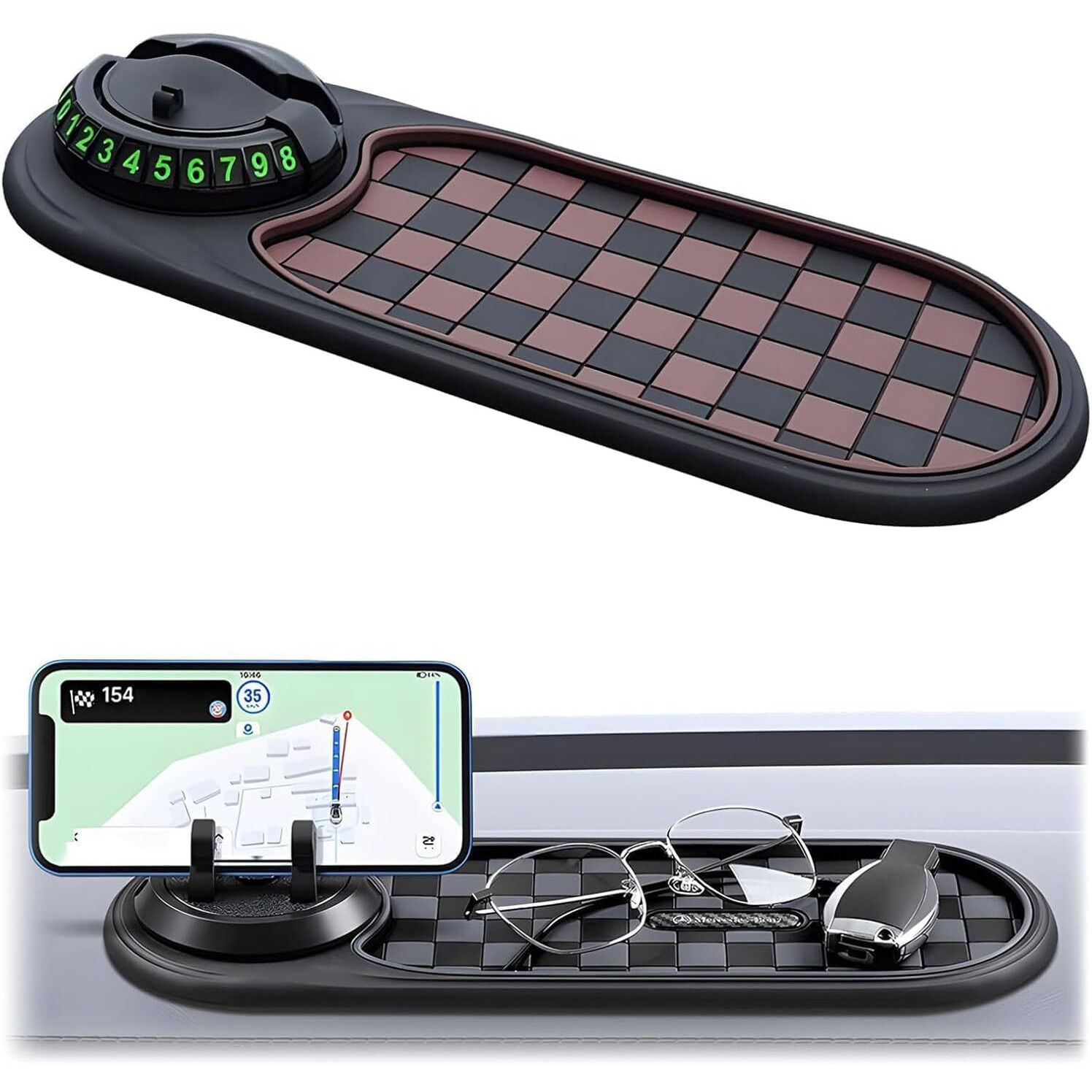 Zagevivin Car Dashboard Anti-Slip Mat Universal,360 Rotating Phone Holder, Temporary Parking Numbe & Storage Organizer For Phones, Keys, Sunglasses (Non-Slip Pvc) (Black/Brown)