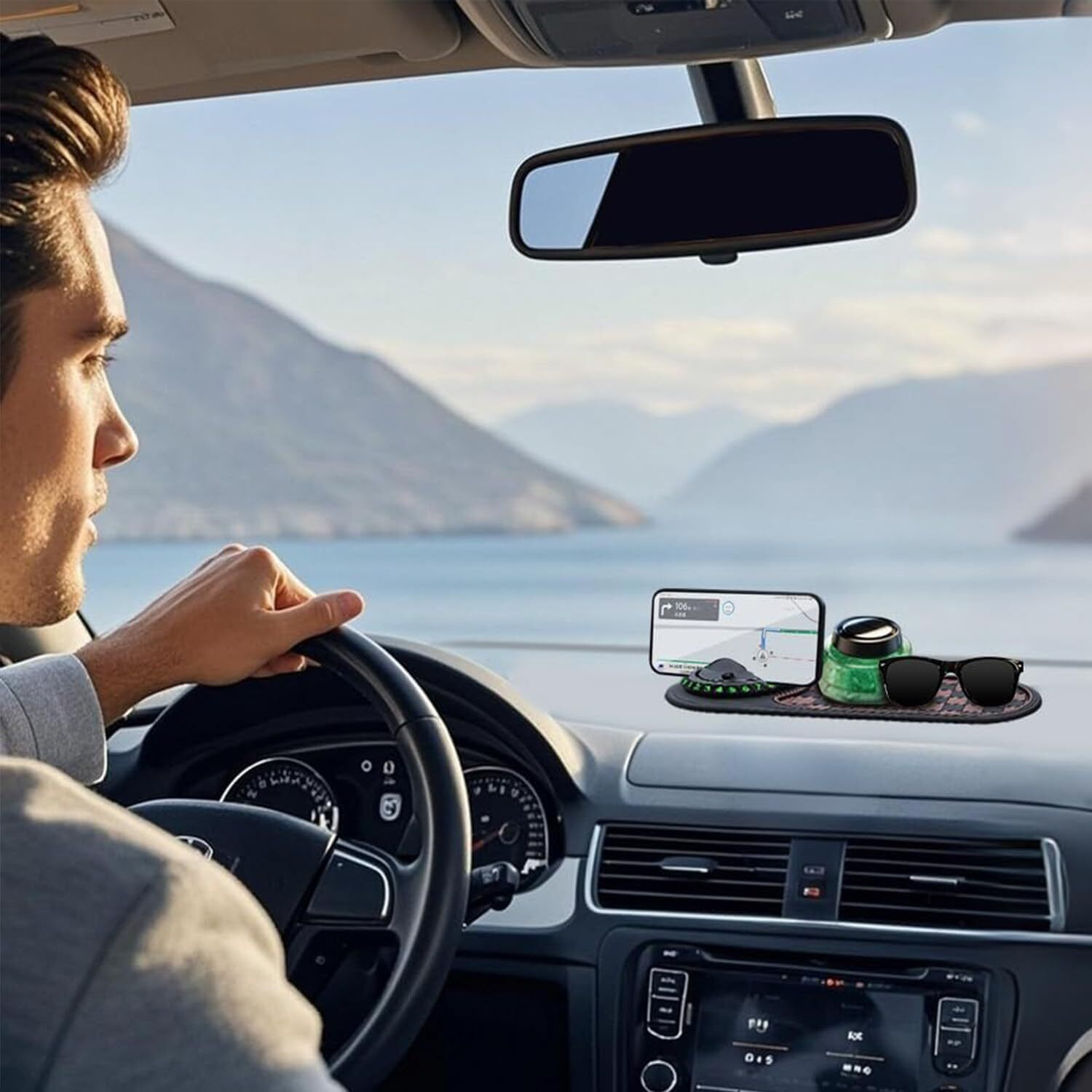 Zagevivin Car Dashboard Anti-Slip Mat Universal,360 Rotating Phone Holder, Temporary Parking Numbe & Storage Organizer For Phones, Keys, Sunglasses (Non-Slip Pvc) (Black/Brown)