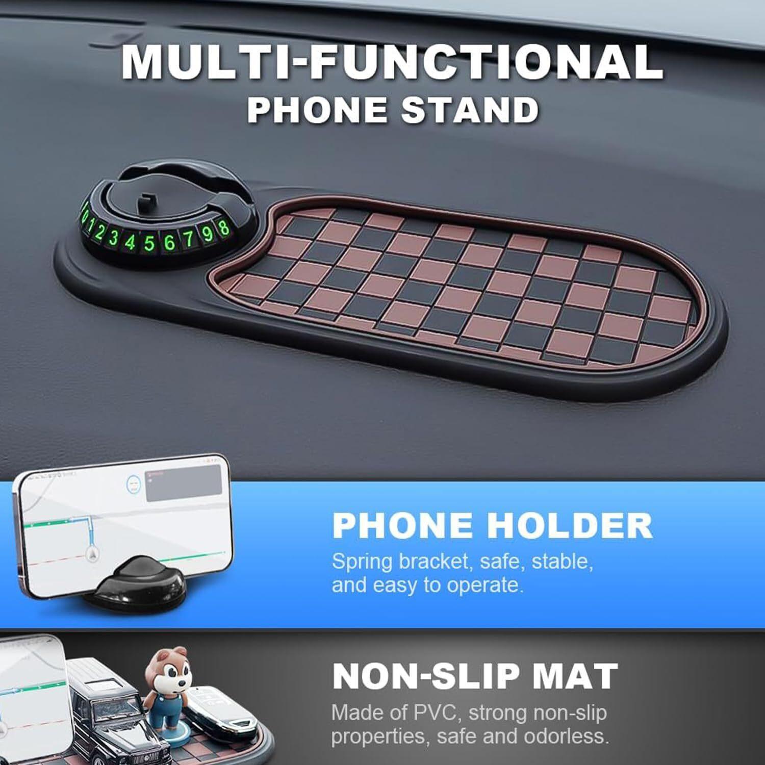 Zagevivin Car Dashboard Anti-Slip Mat Universal,360 Rotating Phone Holder, Temporary Parking Numbe & Storage Organizer For Phones, Keys, Sunglasses (Non-Slip Pvc) (Black/Brown)