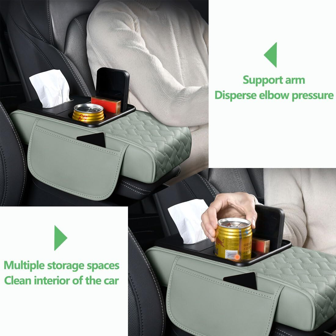 Arm Rest Cover For Car 6.3"" Narrow Style,6-In-1 Microfiber Leather Center Console Cover With 2 Storage Bags Cup Holder, Tissue Box Slot, Phone Slot,Universal Accessories Interior Organizers (Black)