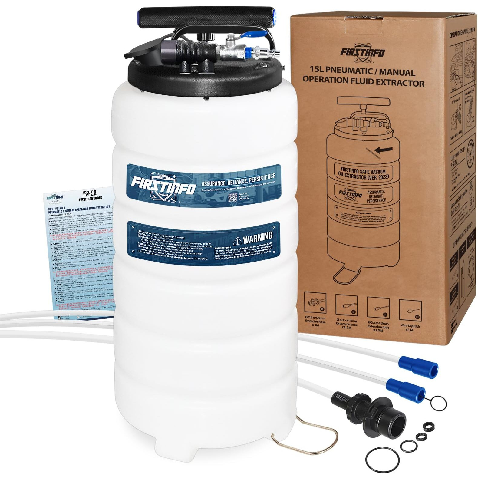Firstinfo A1106Usy3 Patented 15L / 3.9 Gallon Pneumatic/Manual Oil Vacuum Extractor | Oil Change Pump | 47 Inch Tube | Taiwan