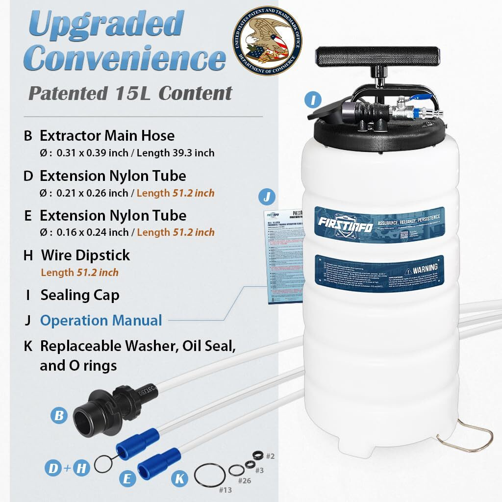 Firstinfo A1106Usy3 Patented 15L / 3.9 Gallon Pneumatic/Manual Oil Vacuum Extractor | Oil Change Pump | 47 Inch Tube | Taiwan