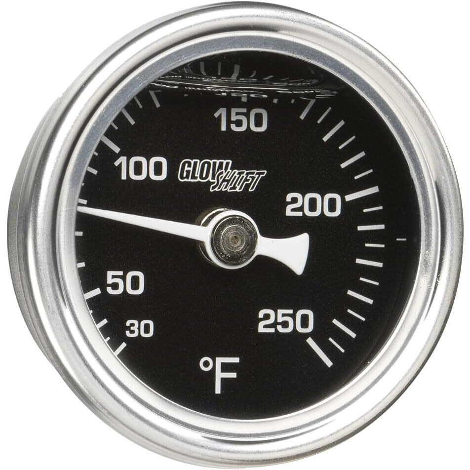 Glowshift Liquid Filled Mechanical 250 F Temperature Gauge - For Water Coolant Or Oil Temp - 3/8-18 Npt Threaded Sensor - Black Dial - Waterproof - 1-1/2"" (38Mm) Diameter