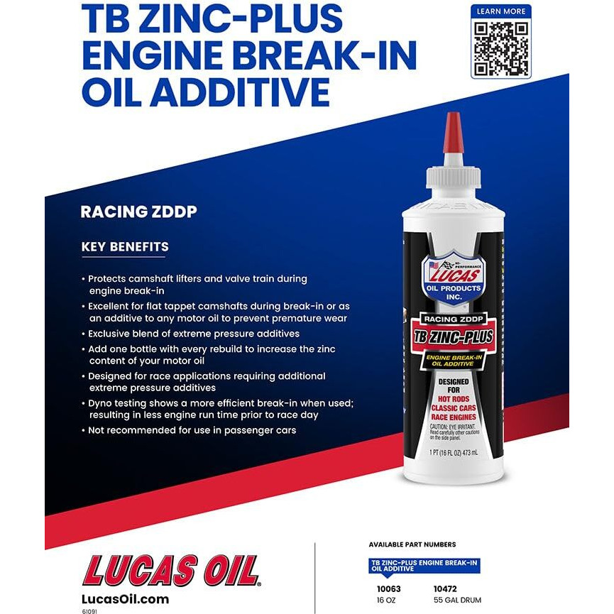 Lucas Oil 10063 Engine Break In Oil Additive W/Tb Zinc Plus - 16 Ounce (Pack Of 12)