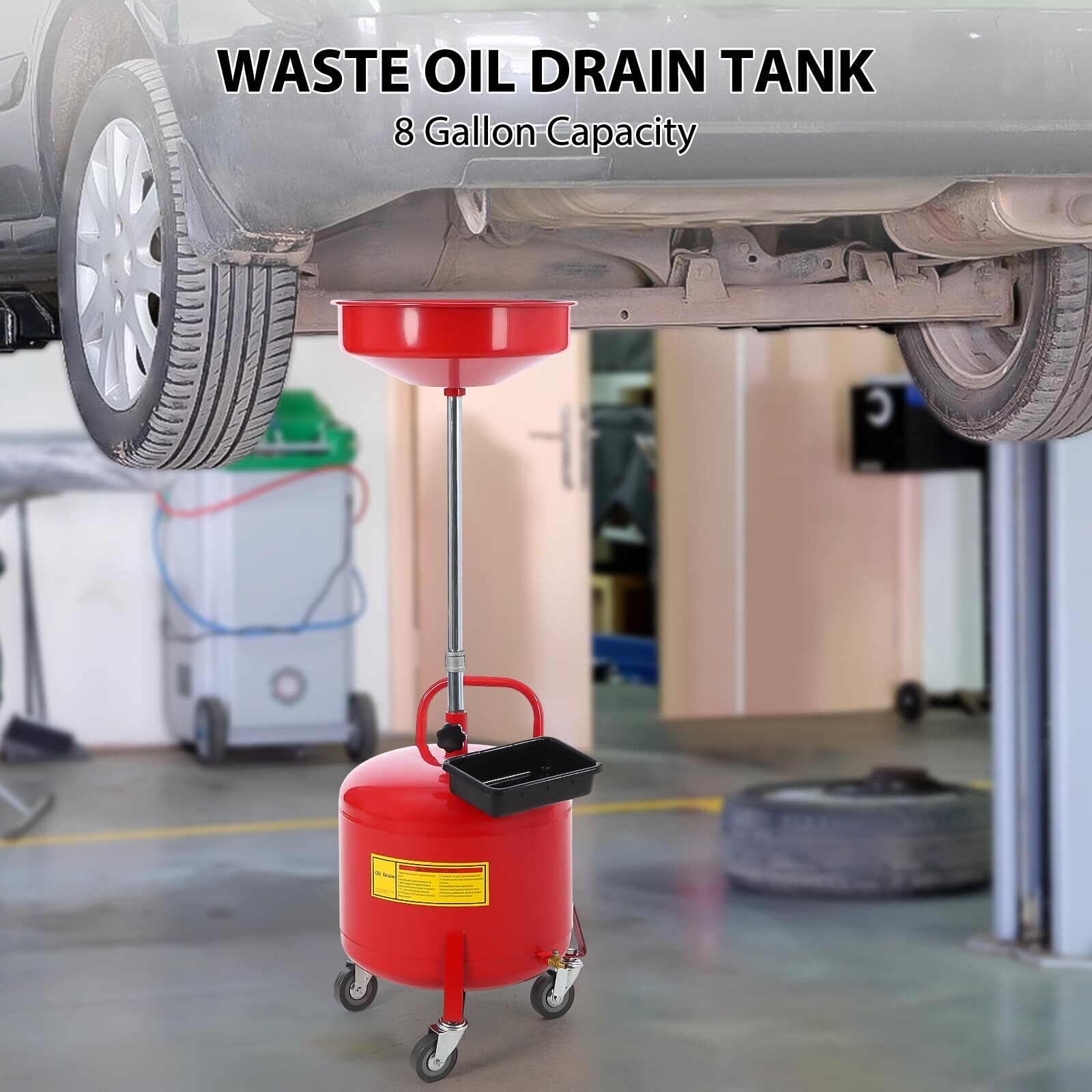 Garvee 8 Gallon Waste Oil Drain Tank, Portable Oil Drain Container, Air Operated Drainer, Fluid Fuel Transfer Drainage, Adjustable Funnel Height With Wheel &15'' Premium Bowl And A Toolbox, Red