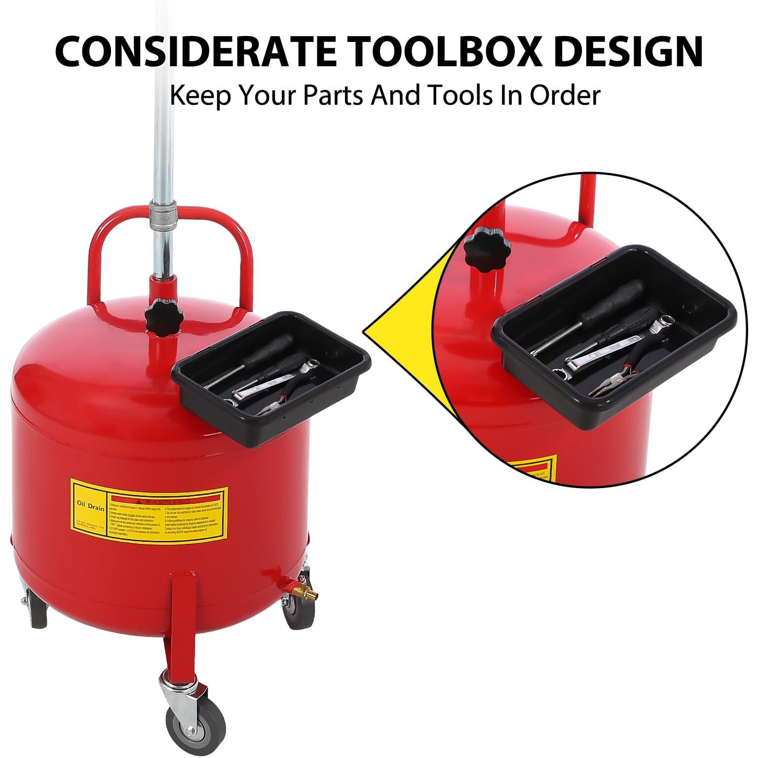 Garvee 8 Gallon Waste Oil Drain Tank, Portable Oil Drain Container, Air Operated Drainer, Fluid Fuel Transfer Drainage, Adjustable Funnel Height With Wheel &15'' Premium Bowl And A Toolbox, Red