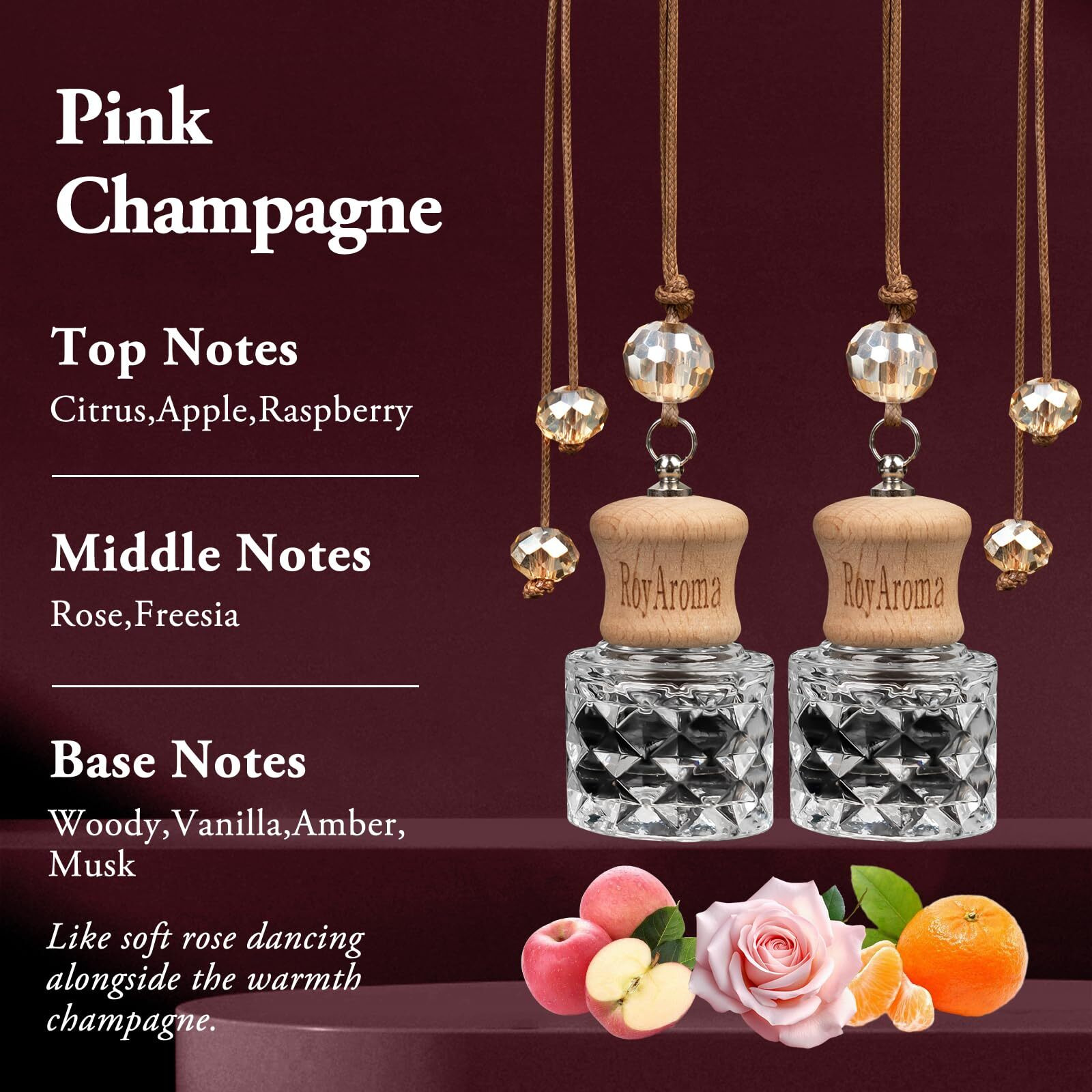 Royaroma 2 Pack Hanging Car Air Freshener | Long Lasting 30-45 Days Natural Fragrance Oil Diffuser For Car, Home, Office | Odor Eliminator & Easy To Use | Pink Champagne