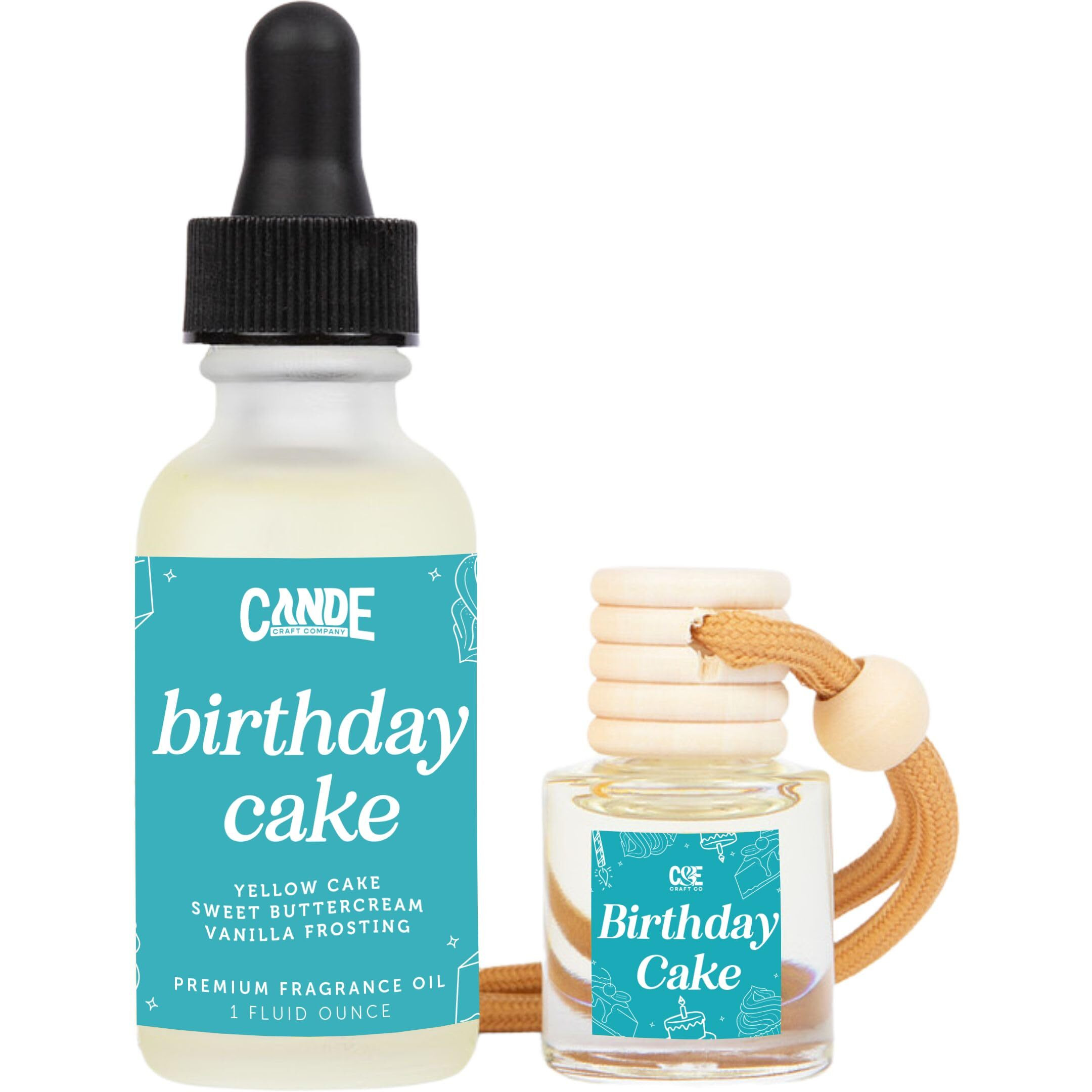 Car Air Freshener & Refill Bundle - Hanging Scent Diffuser For Car, Long-Lasting Essential Oil Car Fragrance, Reusable Glass Bottle + Refill, 2 Pack (Birthday Cake)