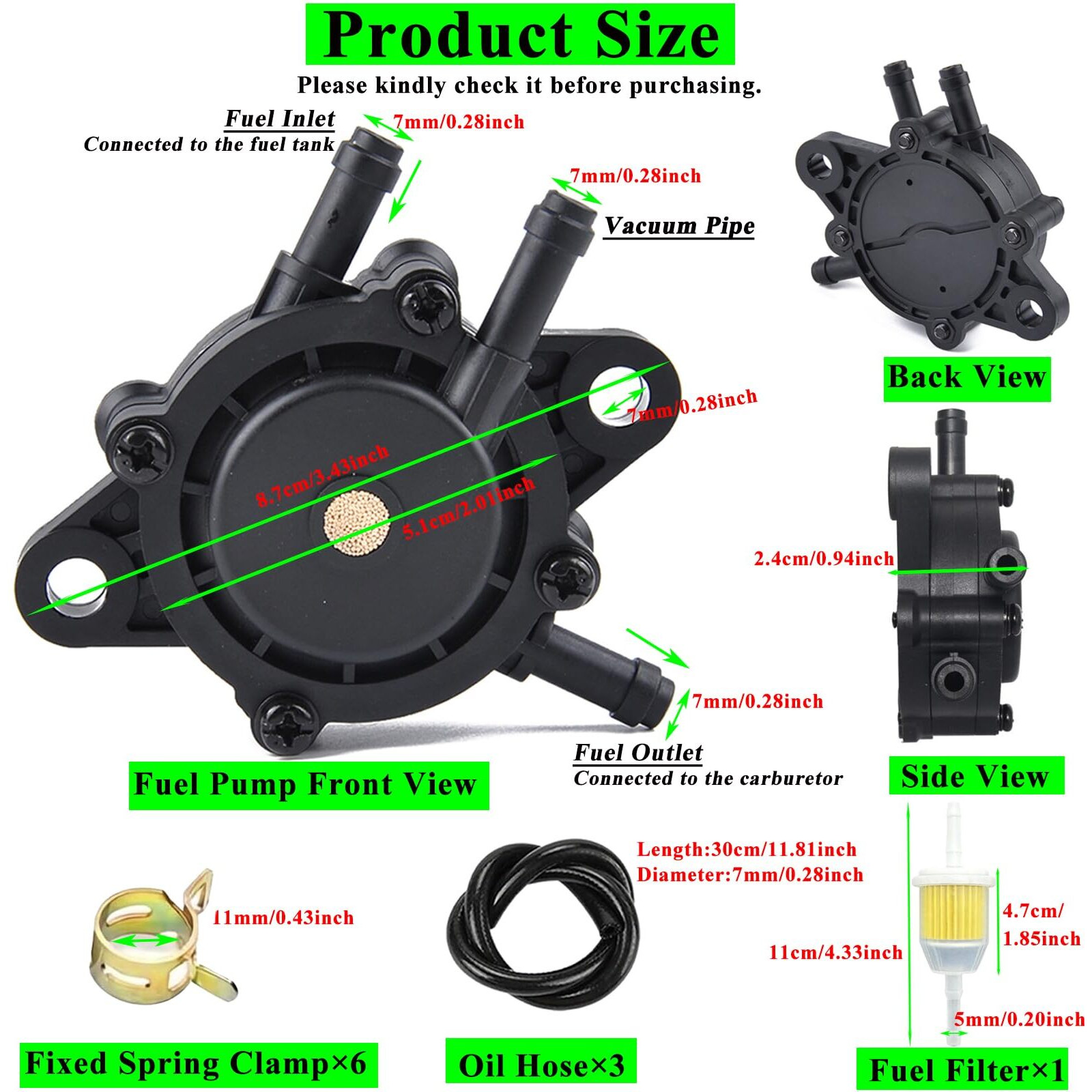 Fuel Pump For Kohler 17Hp-25Hp Briggs And Stratton, Gas Vacuum Fuel Pump With Filter And Oil Hose For Yamaha Golf Cart John Deere Honda Kawasaki Lawn Mower Tractor Small Engine 808656 491922 691034