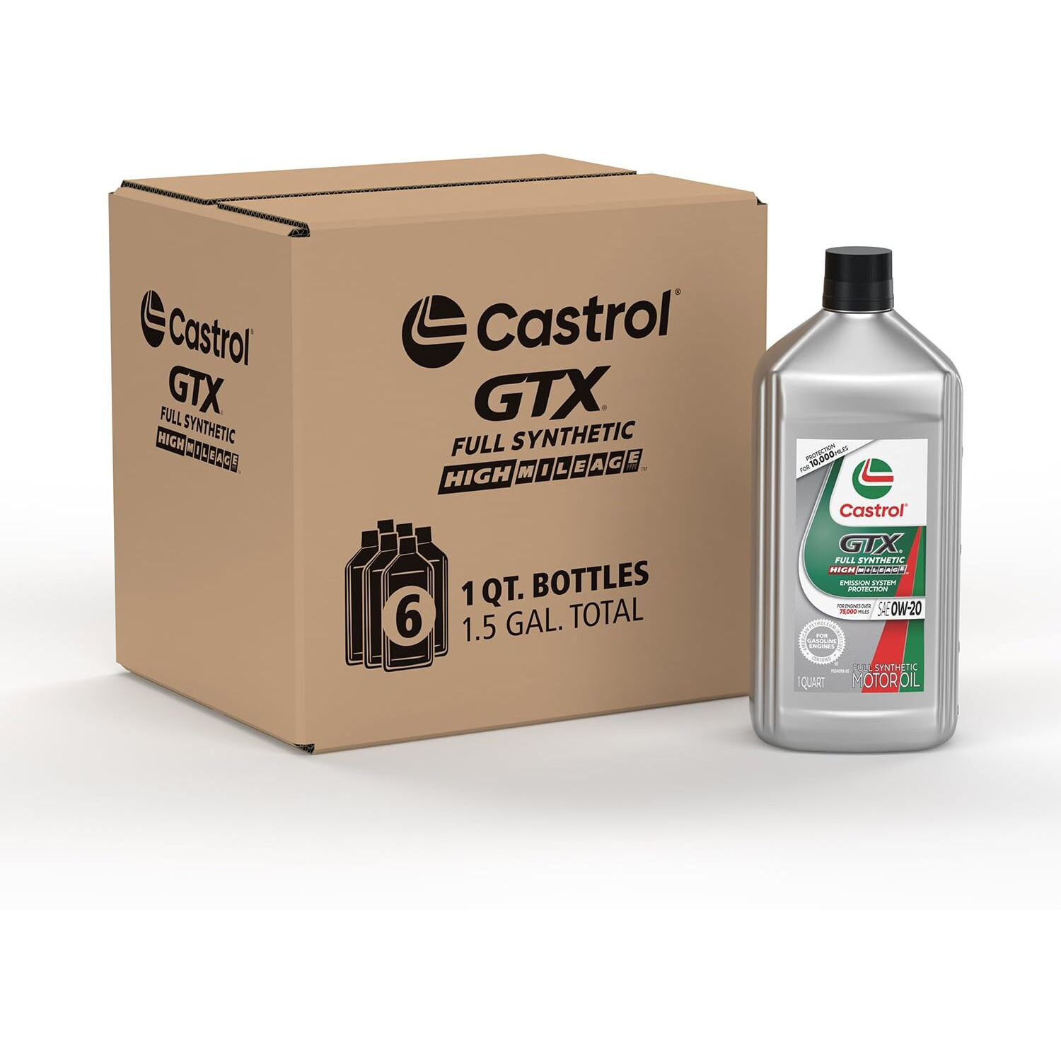 Castrol Gtx Full Synthetic High Mileage 0W-20 Motor Oil, 1 Quart, Pack Of 6