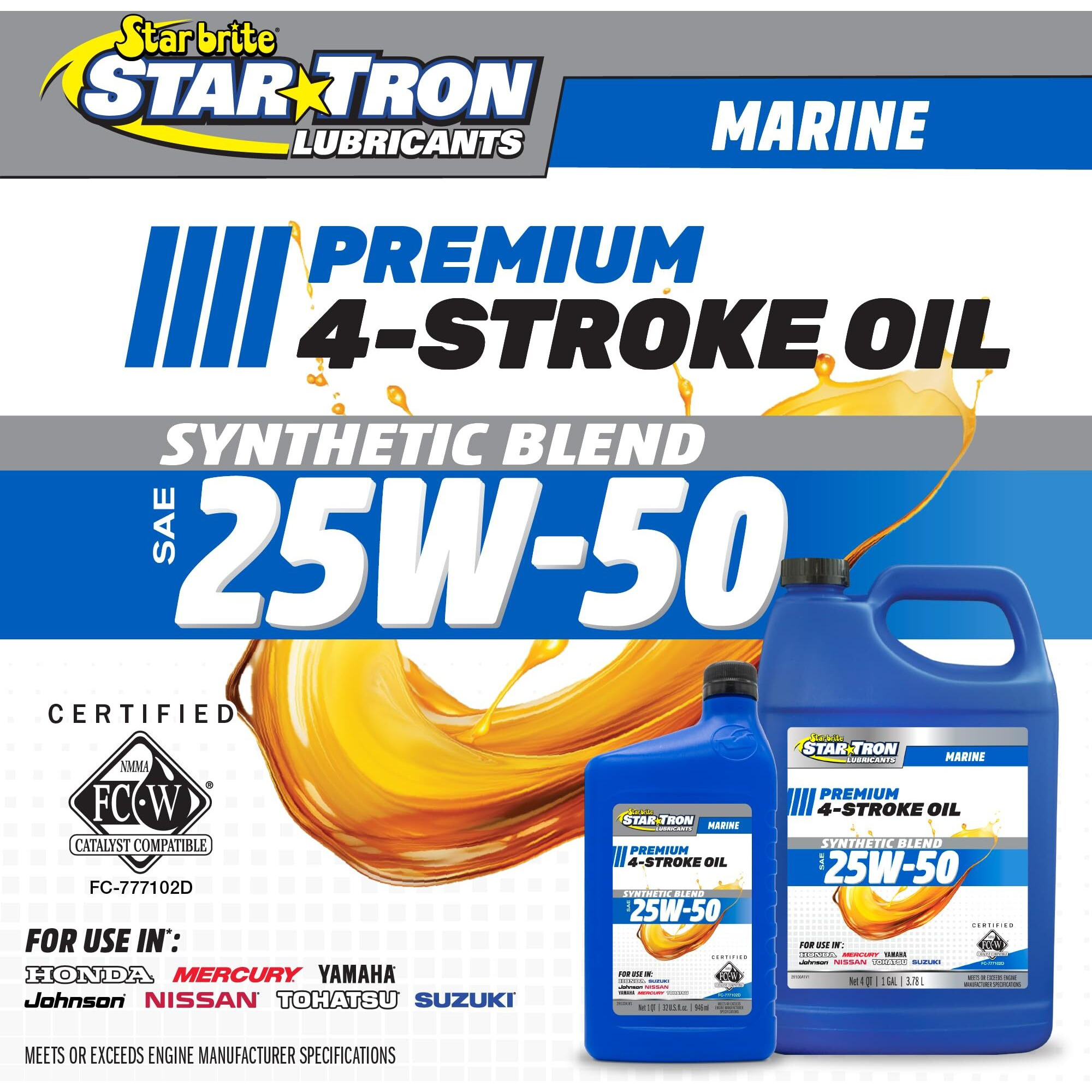Star Brite Star Tron Premium 4-Stroke Engine Oil Sae 25W-50, Synthetic Blend, Fc-W Certified, Marine-Grade