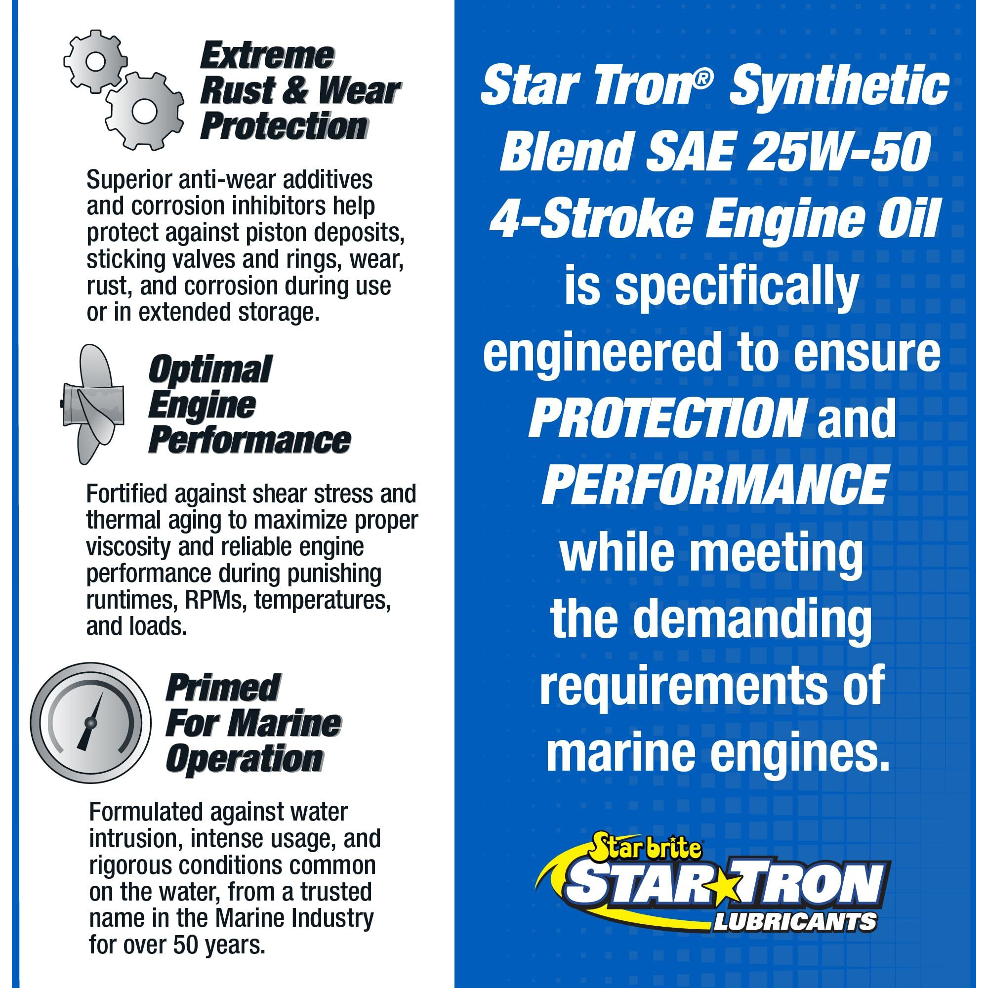 Star Brite Star Tron Premium 4-Stroke Engine Oil Sae 25W-50, Synthetic Blend, Fc-W Certified, Marine-Grade