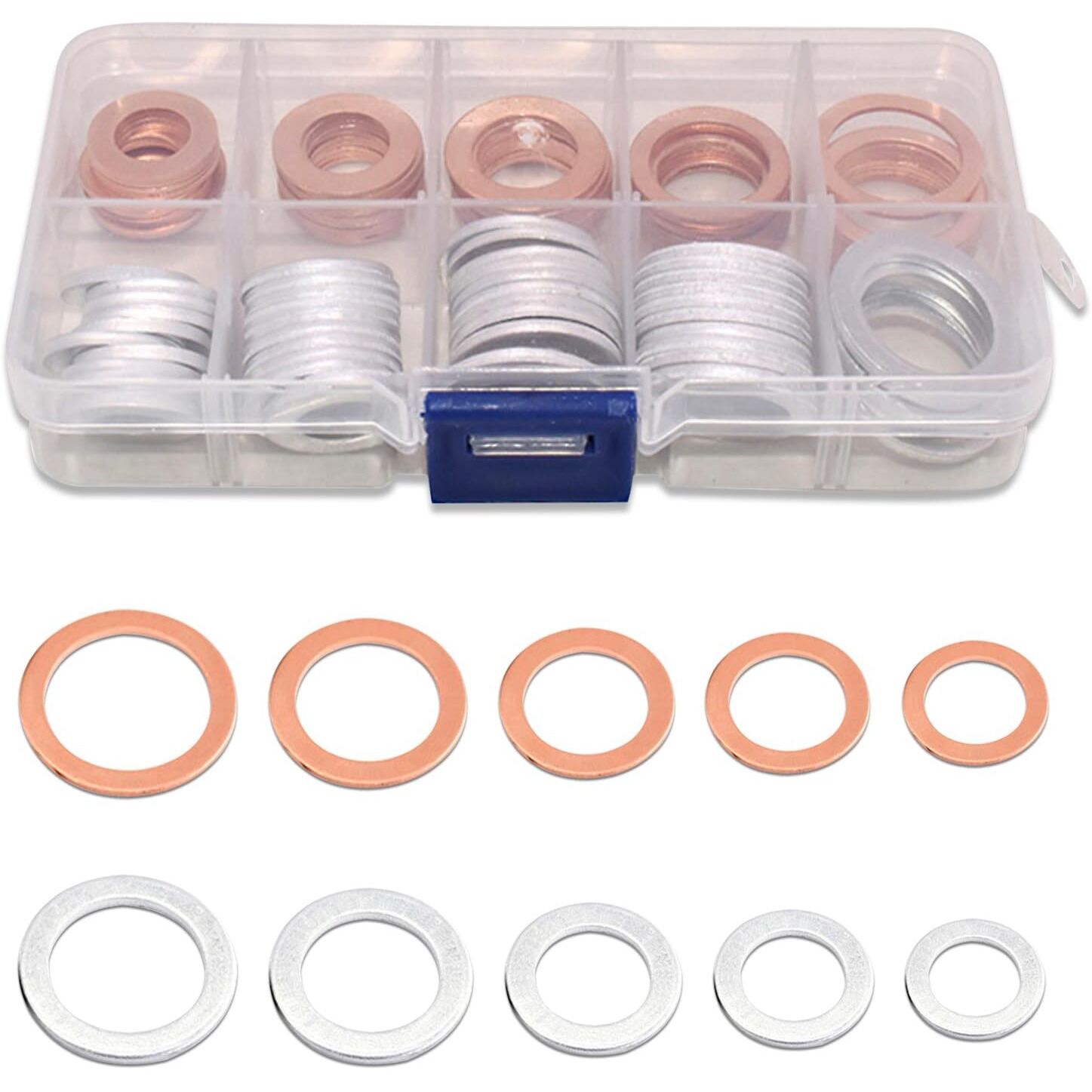 Dawfall 100 Pcs Oil Drain Plug Crush Washer, M10 M12 M14 M16 M18 2 Material Gasket Combination Set, High Temperature Resistant Leak-Proof Seals With Storage Case, For Most Cars (Silver & Gold)