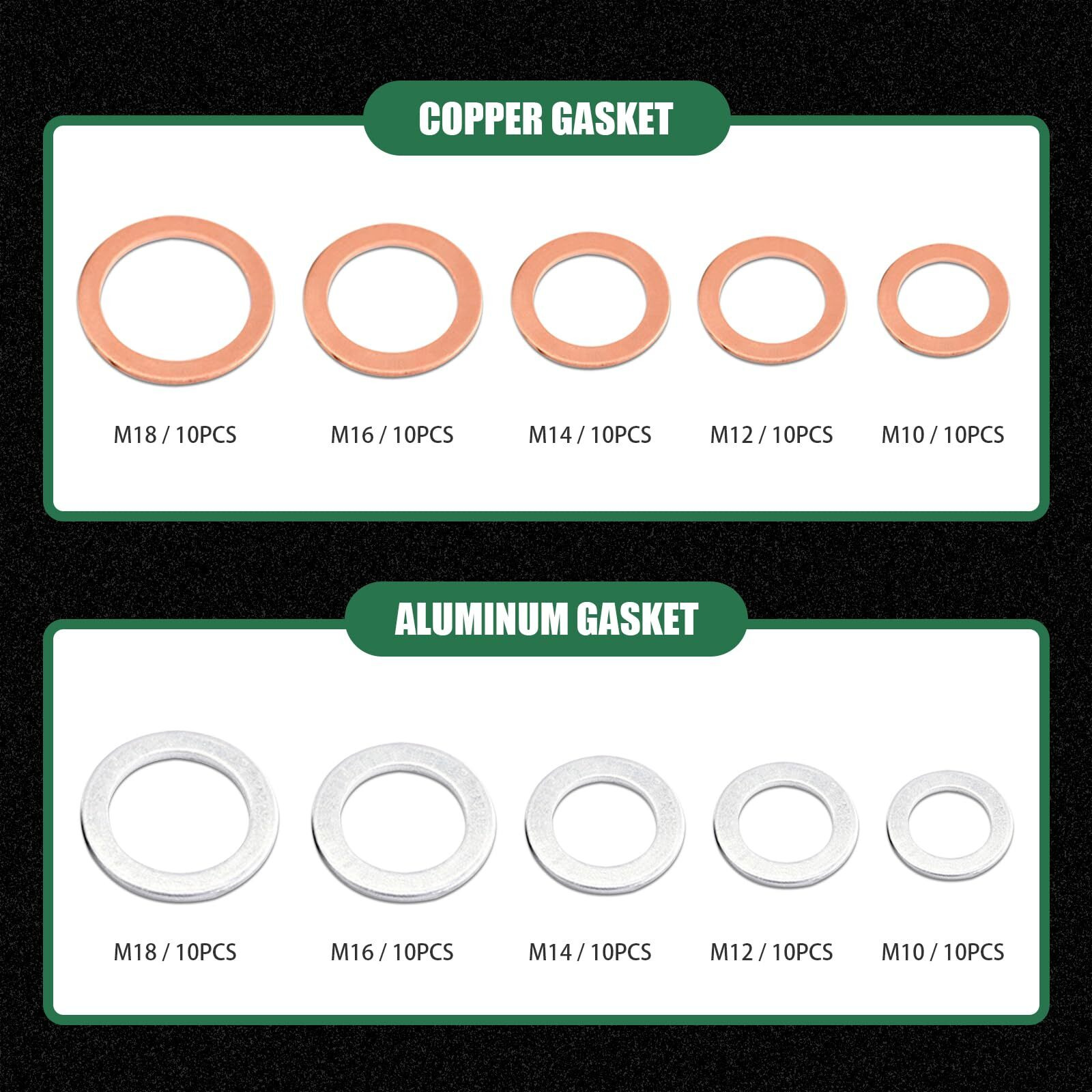 Dawfall 100 Pcs Oil Drain Plug Crush Washer, M10 M12 M14 M16 M18 2 Material Gasket Combination Set, High Temperature Resistant Leak-Proof Seals With Storage Case, For Most Cars (Silver & Gold)