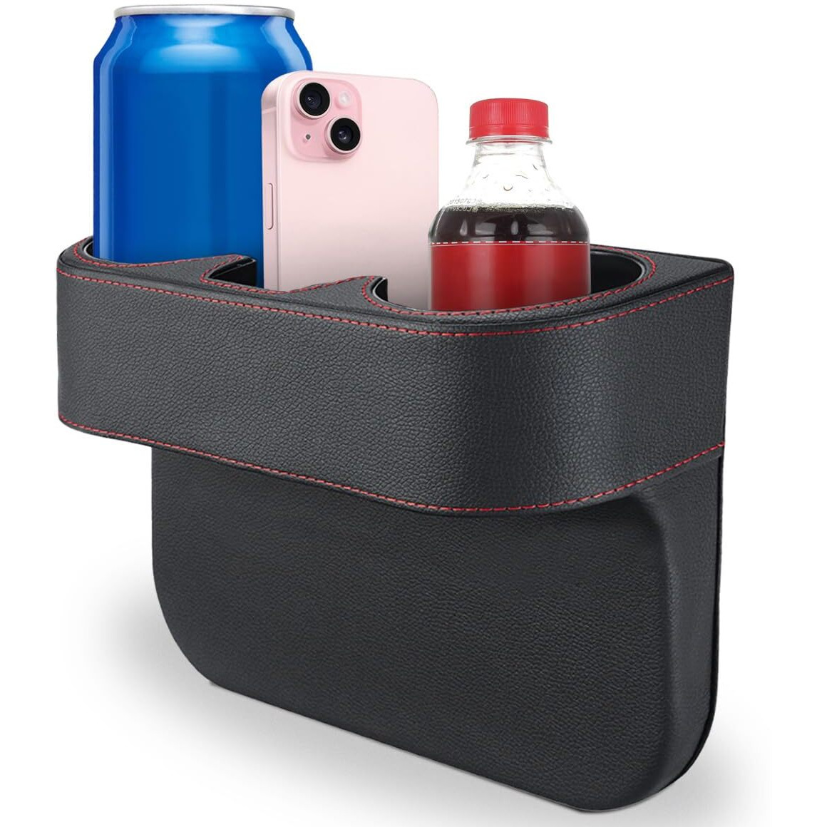 Car Cup Holder, Auto Front Seat Organizer, Multifunctional Cup Drink Holders With Pu Leather Cover, Gap Filler Storage Box Coin Bucket Console Side Pocket Cell Mobile Phone Holder (Black)