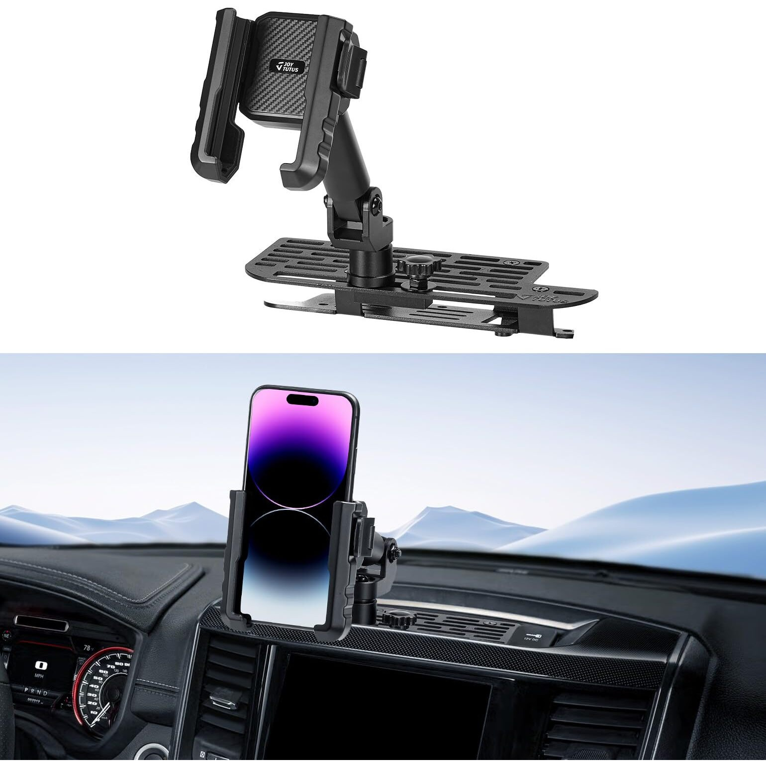 Joytutus Metal Dash Mount Phone Holder Compatible With 2019+ Ram Truck 1500, 2500, 3500, Trx, Rho | Keeps 12V Outlet Access | Fits 5"" And 8.4"" Or 12"" And 14"" Screens | One-Hand Adjustable Clip