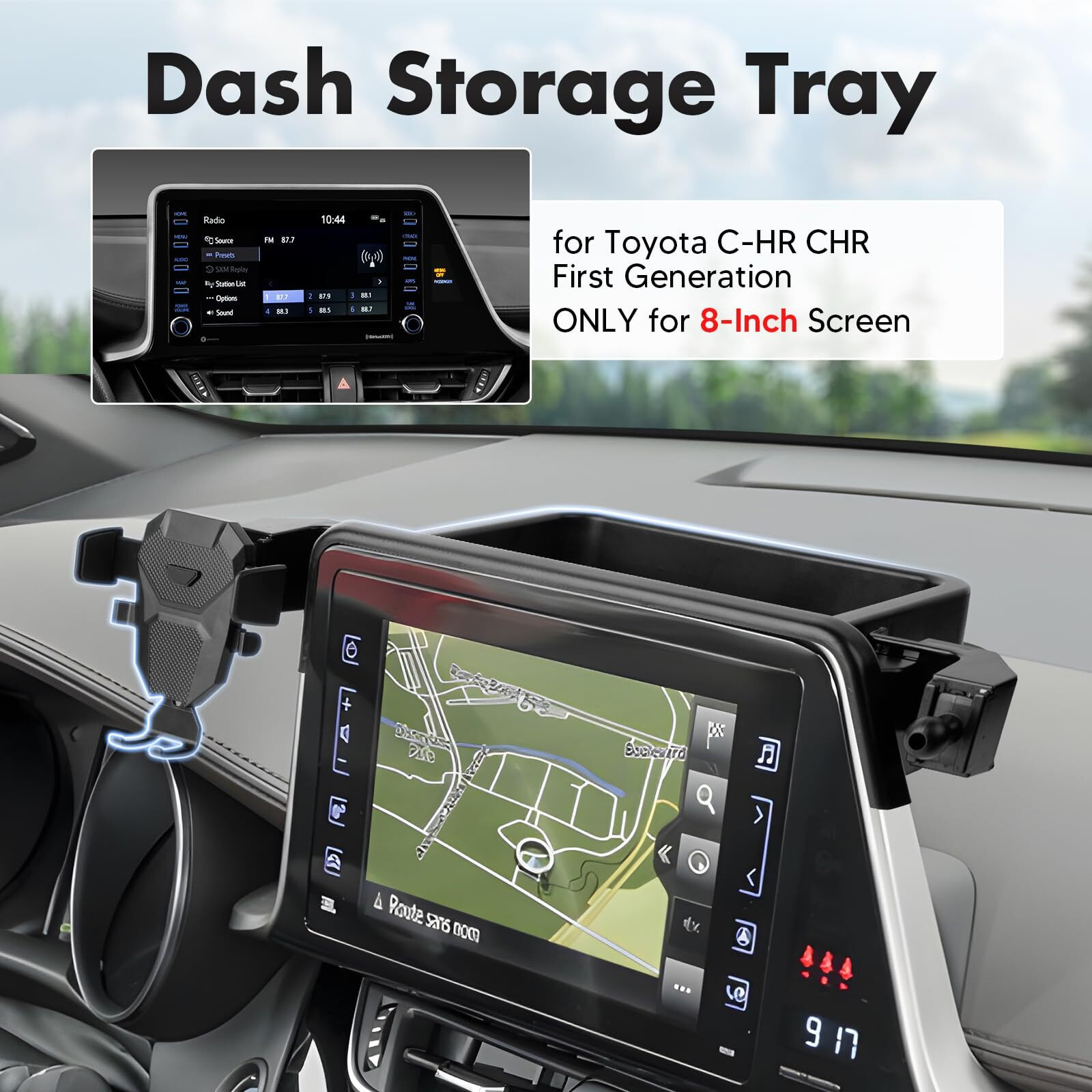 Fiilines Dashboard Storage Tray & Phone Holder Compatible With Toyota C-Hr Chr 2019 2020 2021 2022 (Fit 8"" Touch Screen) Dash Center Console Organizer Cell Phone Mount Interior Accessories