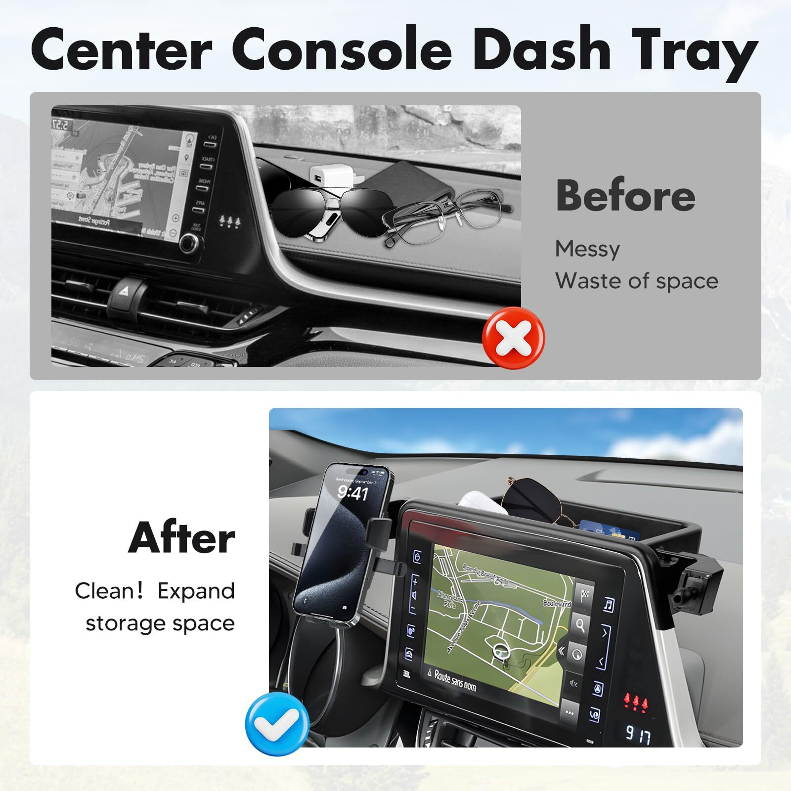 Fiilines Dashboard Storage Tray & Phone Holder Compatible With Toyota C-Hr Chr 2019 2020 2021 2022 (Fit 8"" Touch Screen) Dash Center Console Organizer Cell Phone Mount Interior Accessories