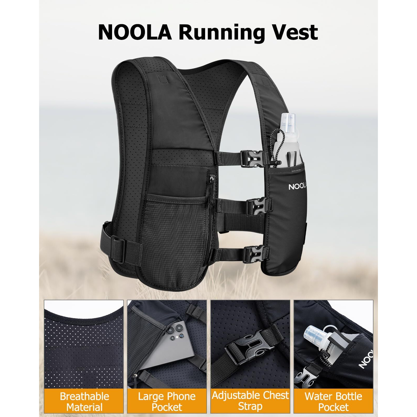 Noola Running Vest For Men Women, Adjustable Running Hydration Vest With 500Ml Soft Flask, Lightweight Water Backpack With Phone Holder For Hiking Cycling Marathon Trail Race, Black