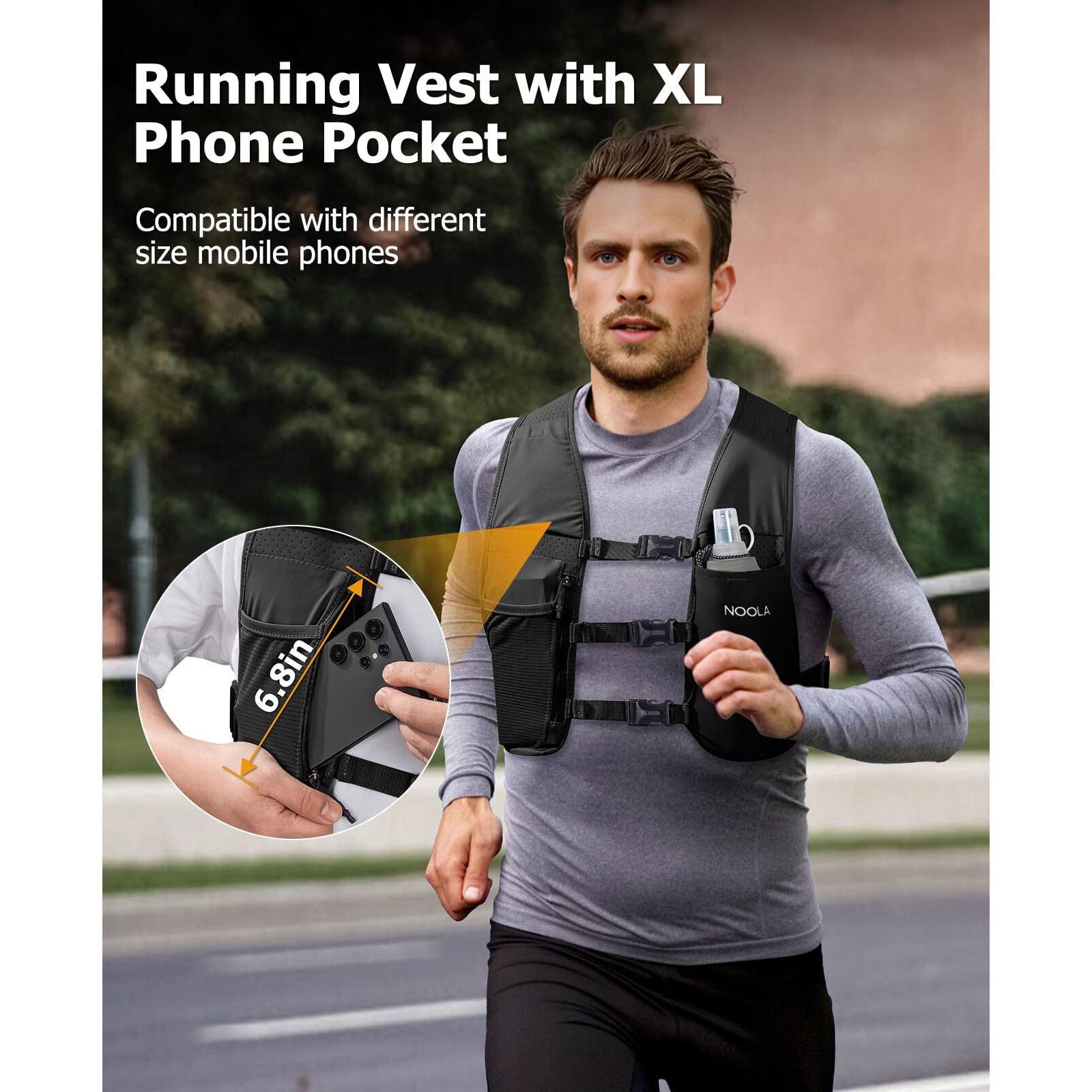 Noola Running Vest For Men Women, Adjustable Running Hydration Vest With 500Ml Soft Flask, Lightweight Water Backpack With Phone Holder For Hiking Cycling Marathon Trail Race, Black