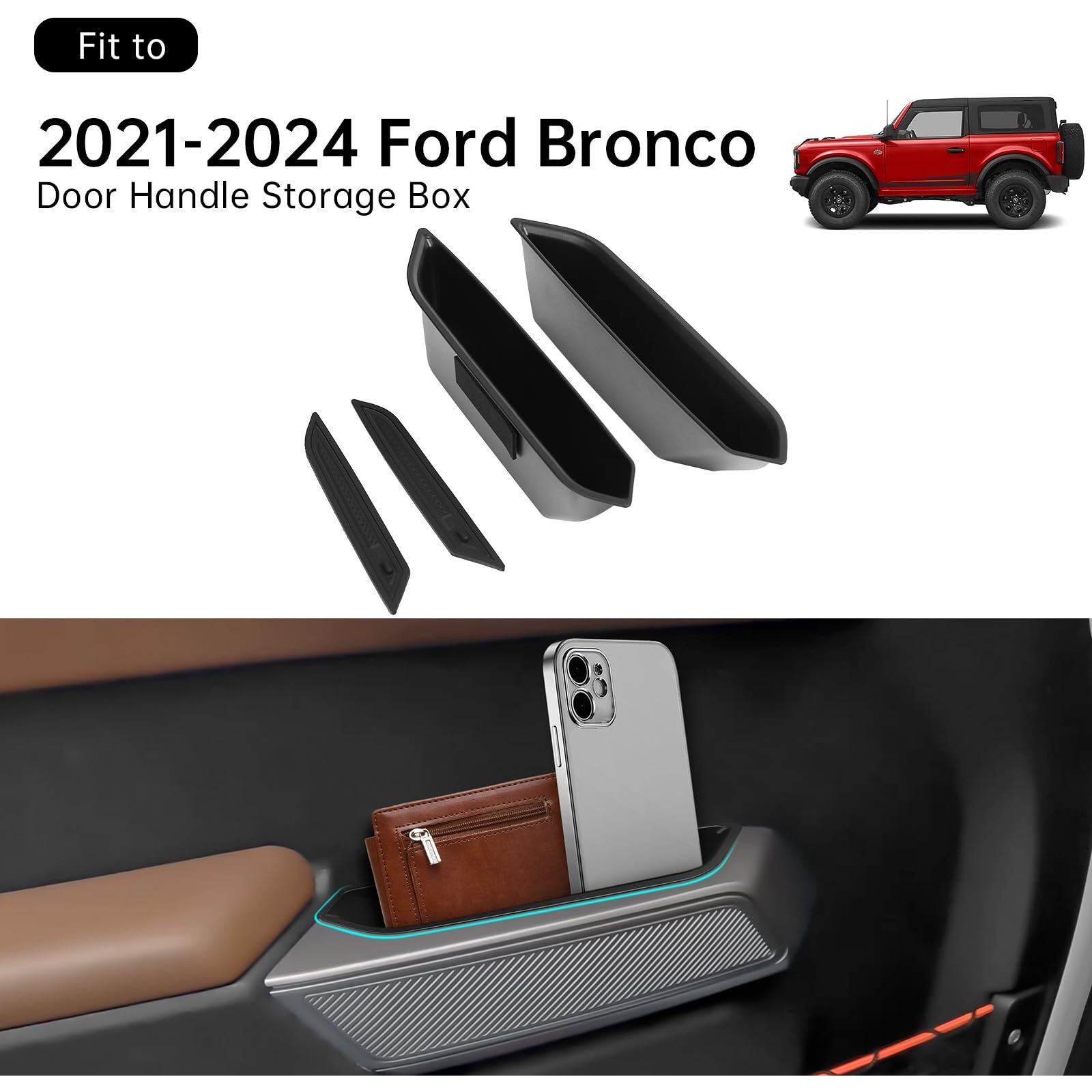 Dwkjmycp 2Pcs Front Door Handle Storage Box For Ford Bronco 2021 2022 2023 2024 2025 Accessories Phone Holder Door Grab Pocket Storage Organizer Abs Plastic, Black Mat, Not For Sport