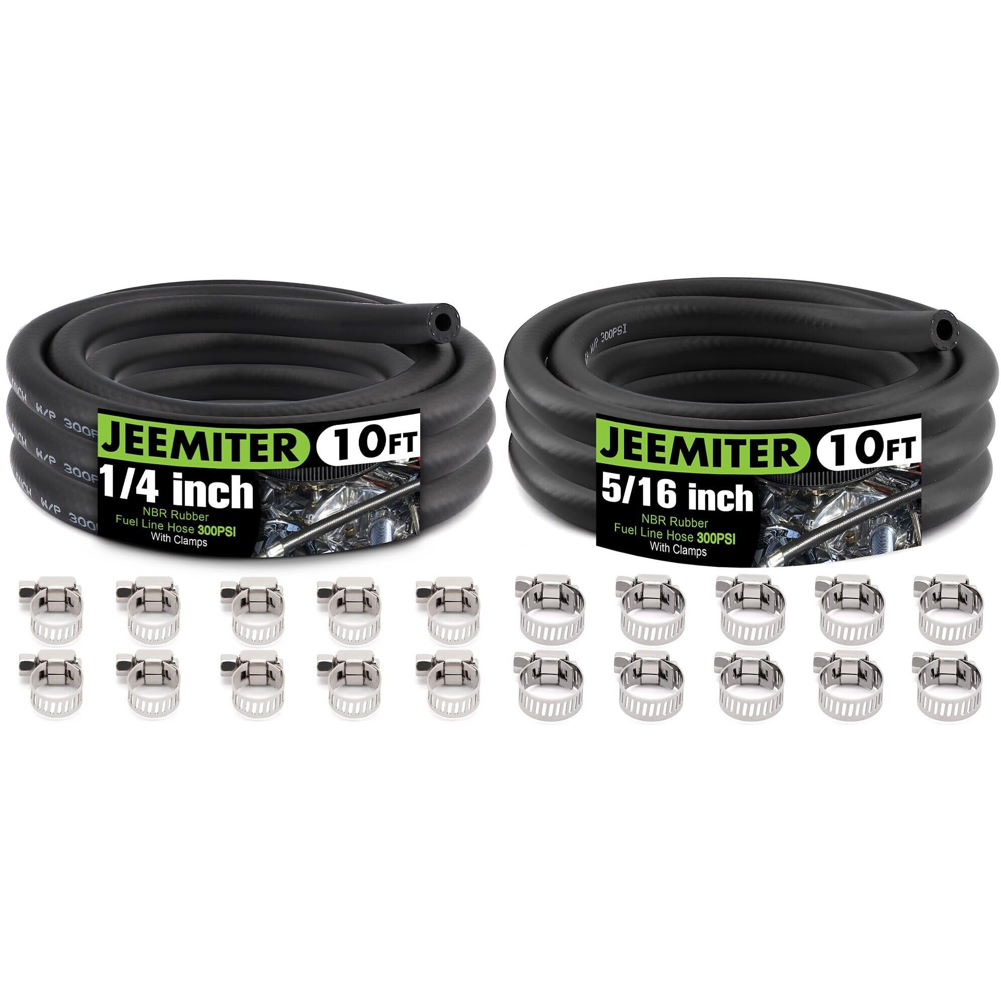 Jeemiter 1/4"" & 5/16"" Fuel Line Hose Oil Hose Push Lock Nbr Rubber Sae 30R7 10Ft For Each 300Psi With 20 Clamps For Fuel Systems Engines Tube Hose