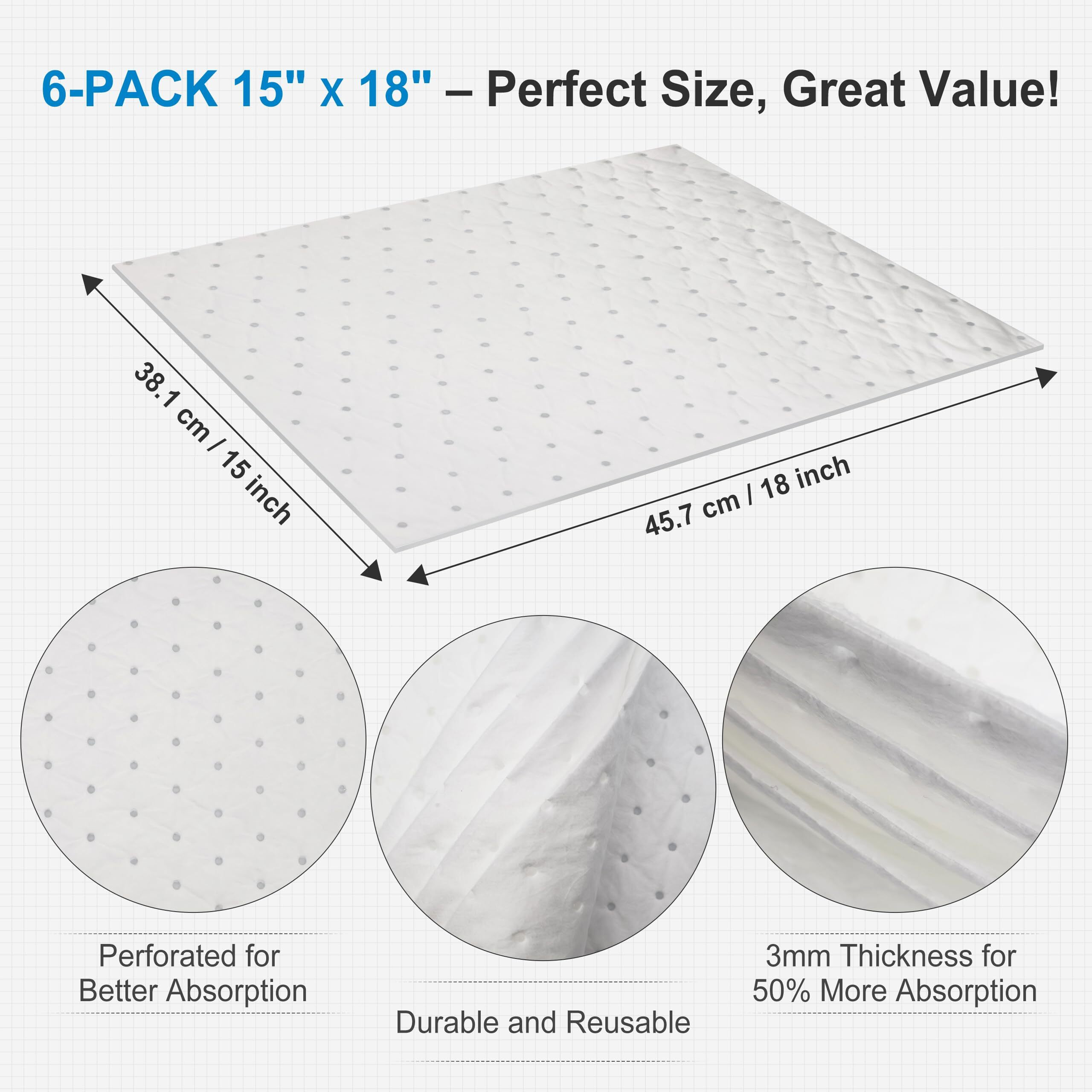 Aawipes Oil Only Absorbent Pads Mat Pre-Grade 3Mm Thicker More Absorption For Garage, Car, Truck, Motorcycle - White 6 Pack 15"" X 18"" Ow1518-6S