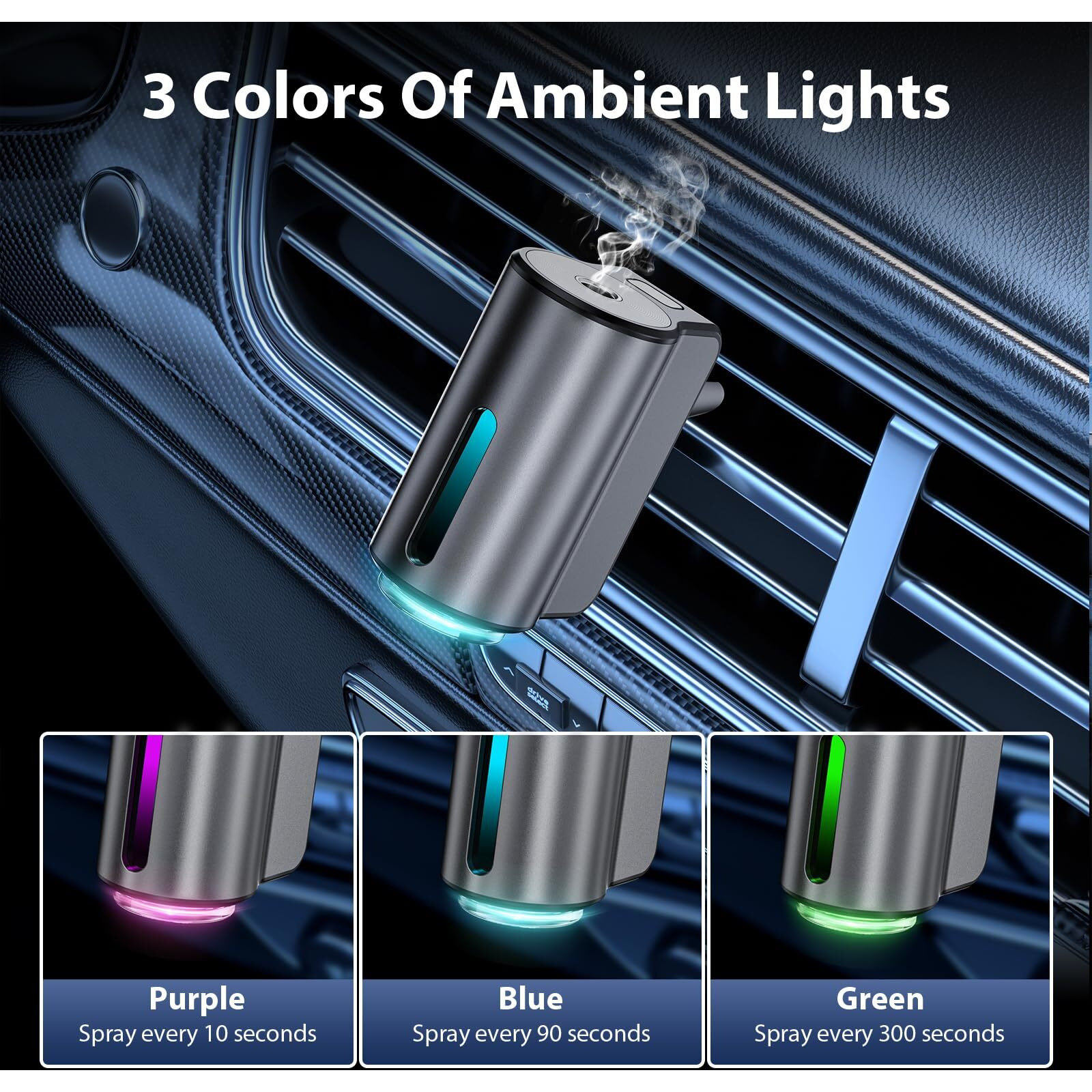 Smart Car Air Freshener, Car Air Freshener Diffuser, Car Diffuser Air Freshener With Three Adjustable Modes, Aromatizante Para Carro, Car Diffuser With 8Pcs Essential Oil(Black)