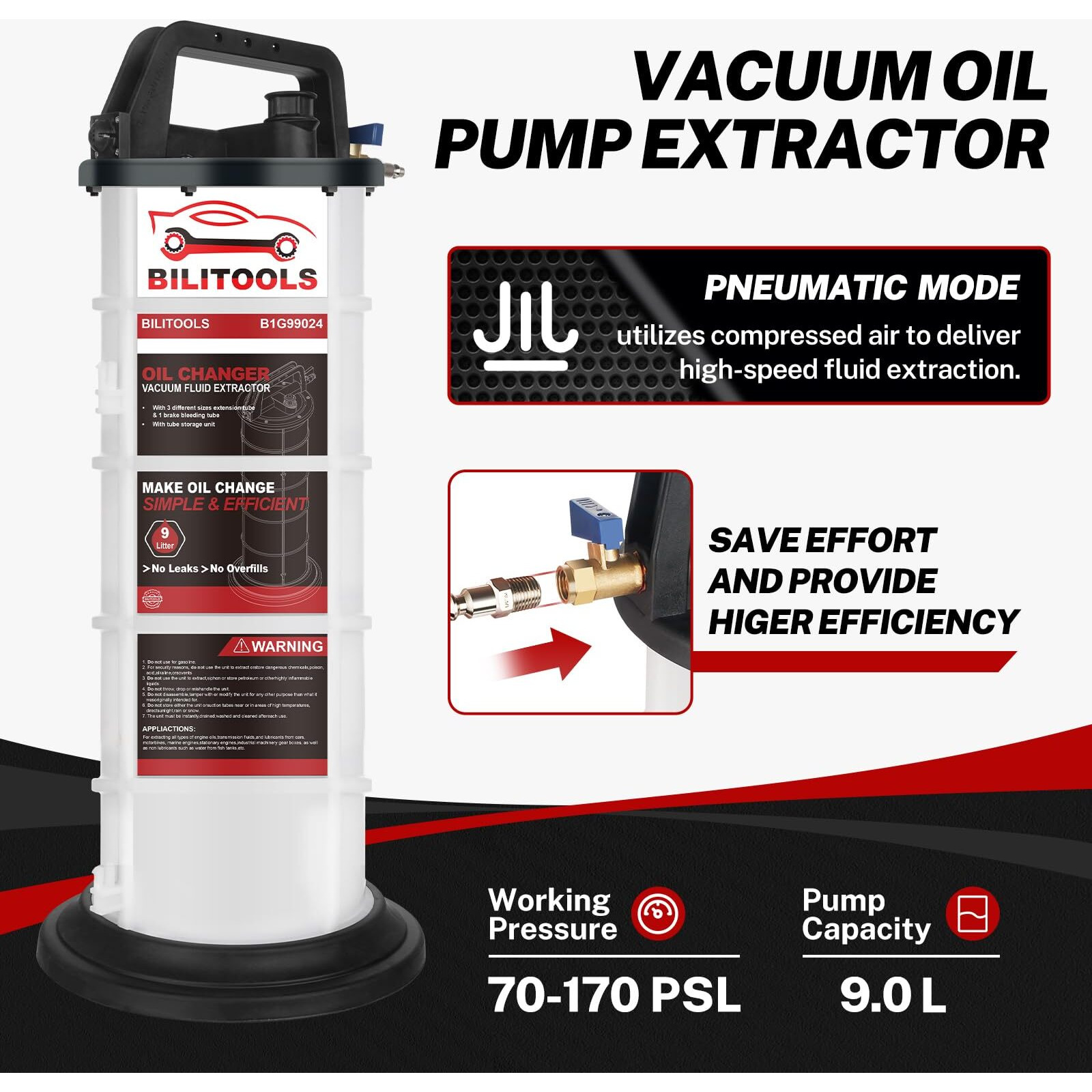 Bilitools 9L Vacuum Oil Pump Extractor Air Operated Automotive Oil Change Tool Large Capacity 2.4 Gallon Pneumatic Engine Dipstick Fluid Extractor For Boat Marine Jetski Ect.