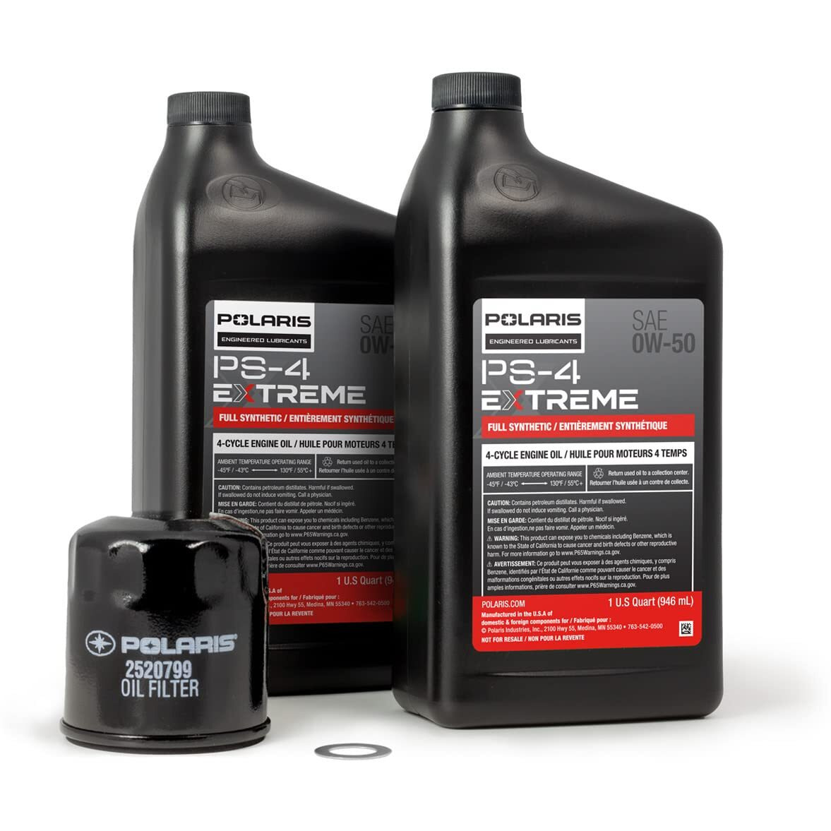 Polaris Oil Change Kit For Specific Ranger, Sportsman, Scrambler, Ace 500 Models With 4 Stroke Engine, Includes 2 Quarts Ps-4 Extreme 0W-50 Full Synthetic Oil, 1 Oil Filter, 1 Washer - 2890055