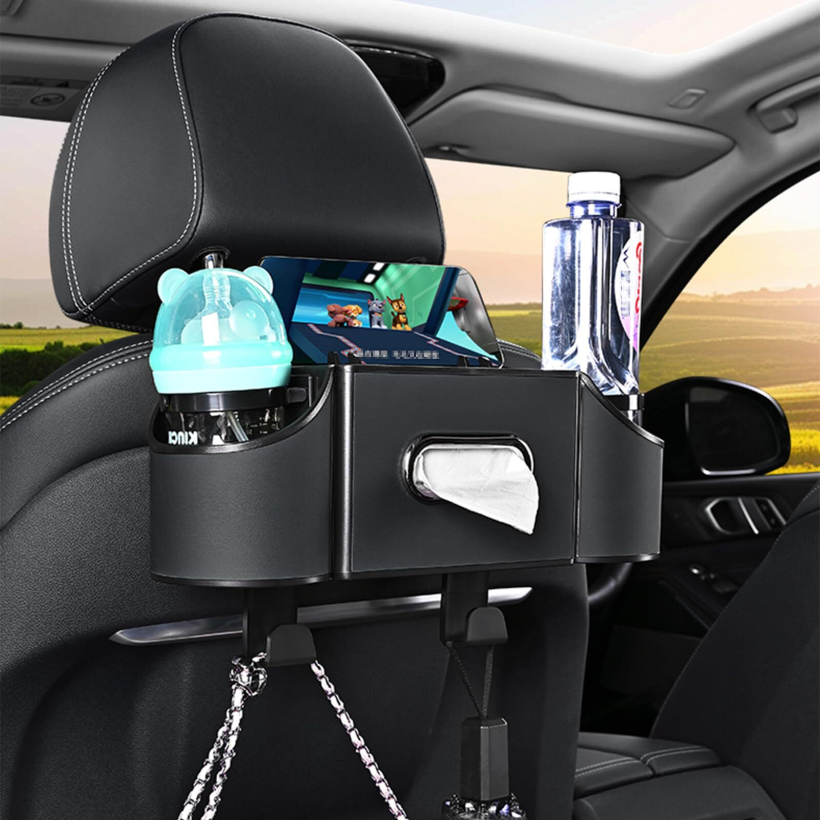 Back Seat Car Organizer,4 In 1 Multifunctional Car Back Seat Storage Box With Drink Cup Holder Tissue Box, For Hold Phone,Snacks, Drinks, Handbag-Black