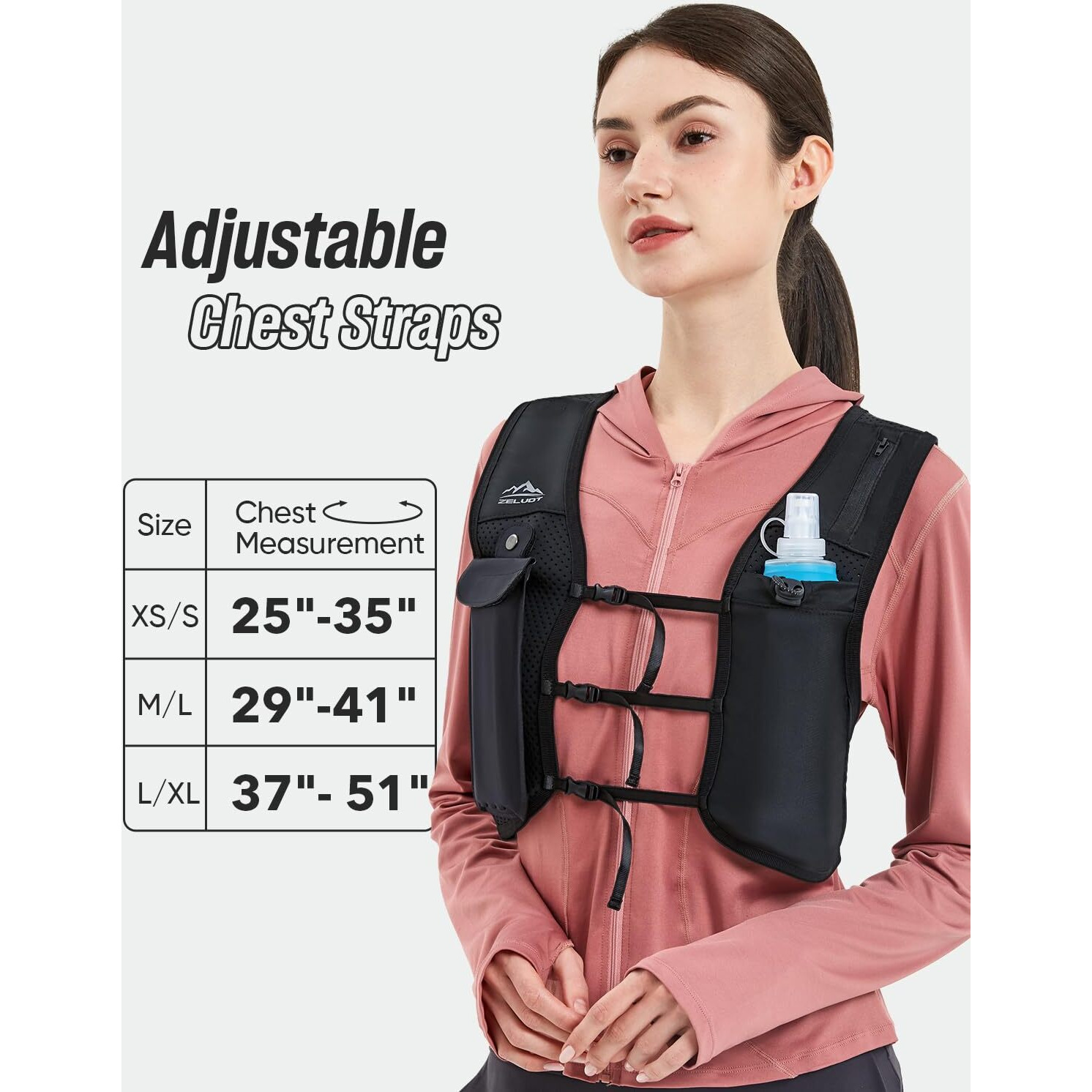 Zelvot Running Vest For Women Men, Usa Original Patent, Adjustable Chest Straps Running Hydration Vest With 500Ml Soft Flask And Phone Holder, Lightweight Reflective Hydration Backpack For Marathon