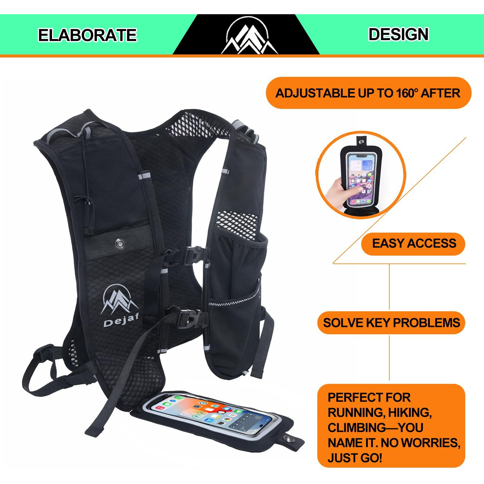 Running Vest For Women Men, Lightweight (194G/8 Bags) Hydration Backpack Running Phone Holder Vest For Hiking Trail Cycling Race Marathon Runners Essentials (Black, Adjustable)