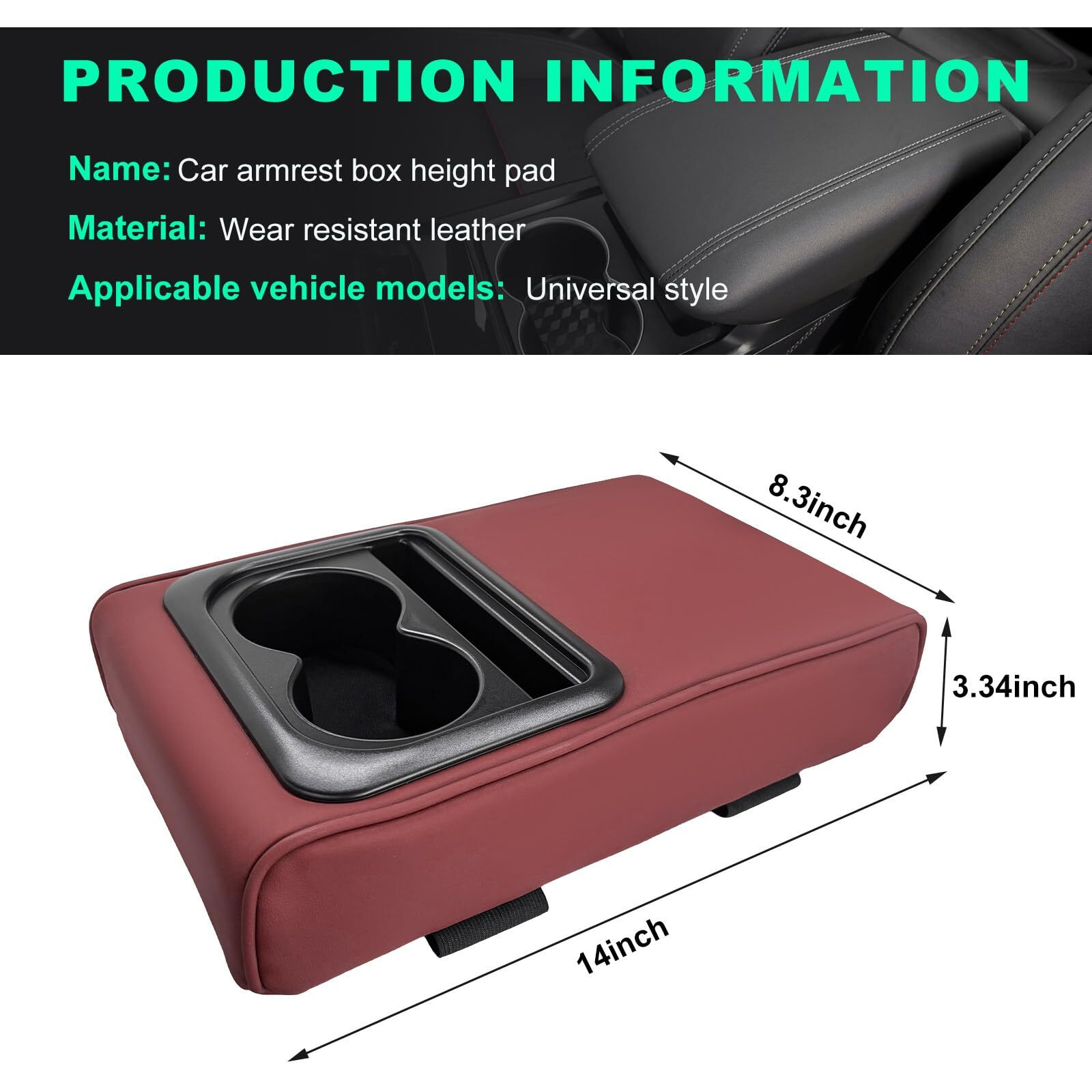 Suvnie Car Center Console Armrest Pillow, Memory Foam Auto Armrest Box Cover With Cup Holder & Phone Holder, Waterproof Leather Arm Rest Protector Cushion, Interior Car Accessories (Wine Red)