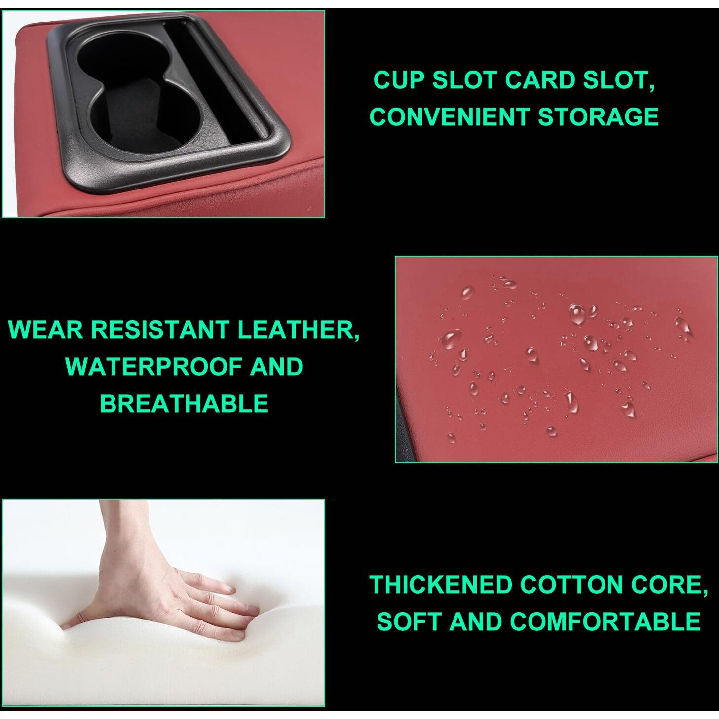 Suvnie Car Center Console Armrest Pillow, Memory Foam Auto Armrest Box Cover With Cup Holder & Phone Holder, Waterproof Leather Arm Rest Protector Cushion, Interior Car Accessories (Wine Red)