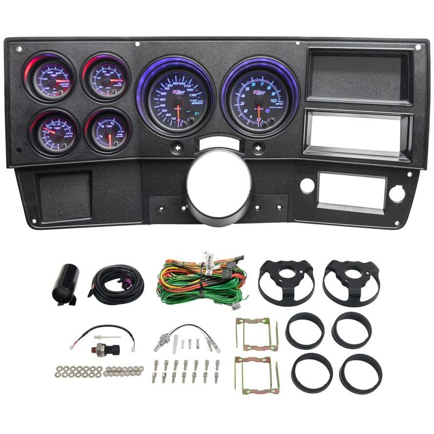 Glowshift 6-Gauge Cluster Package Compatible With Chevy C10 1973-1987 - Black 7 Color Speedometer, Tach, Oil Pressure, Water Coolant Temp, Fuel Level & Volt Gauges - Direct Fit Dashboard Panel Pod