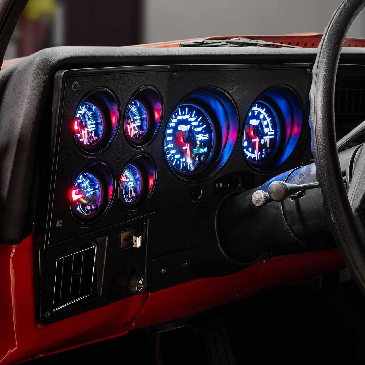 Glowshift 6-Gauge Cluster Package Compatible With Chevy C10 1973-1987 - Black 7 Color Speedometer, Tach, Oil Pressure, Water Coolant Temp, Fuel Level & Volt Gauges - Direct Fit Dashboard Panel Pod