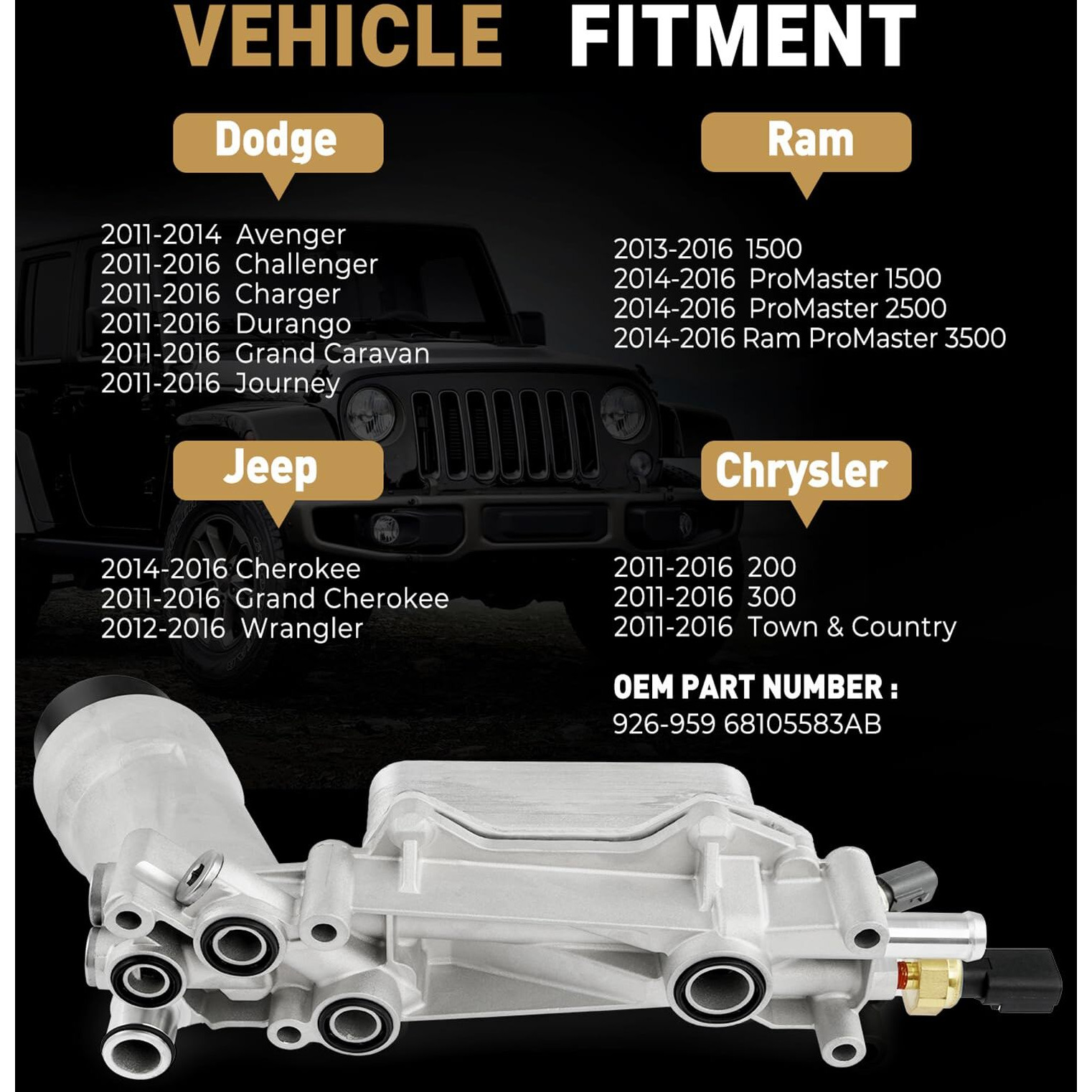 926-959 Upgrade Aluminum Engine Oil Filter Housing Oil Cooler Kit For 2011-2016 Dodge Challenger Charger Journey Caravan Durango Jeep Wrangler Grand Cherokee Chrysler 200 300 Ram Promaster 3.6 926-876