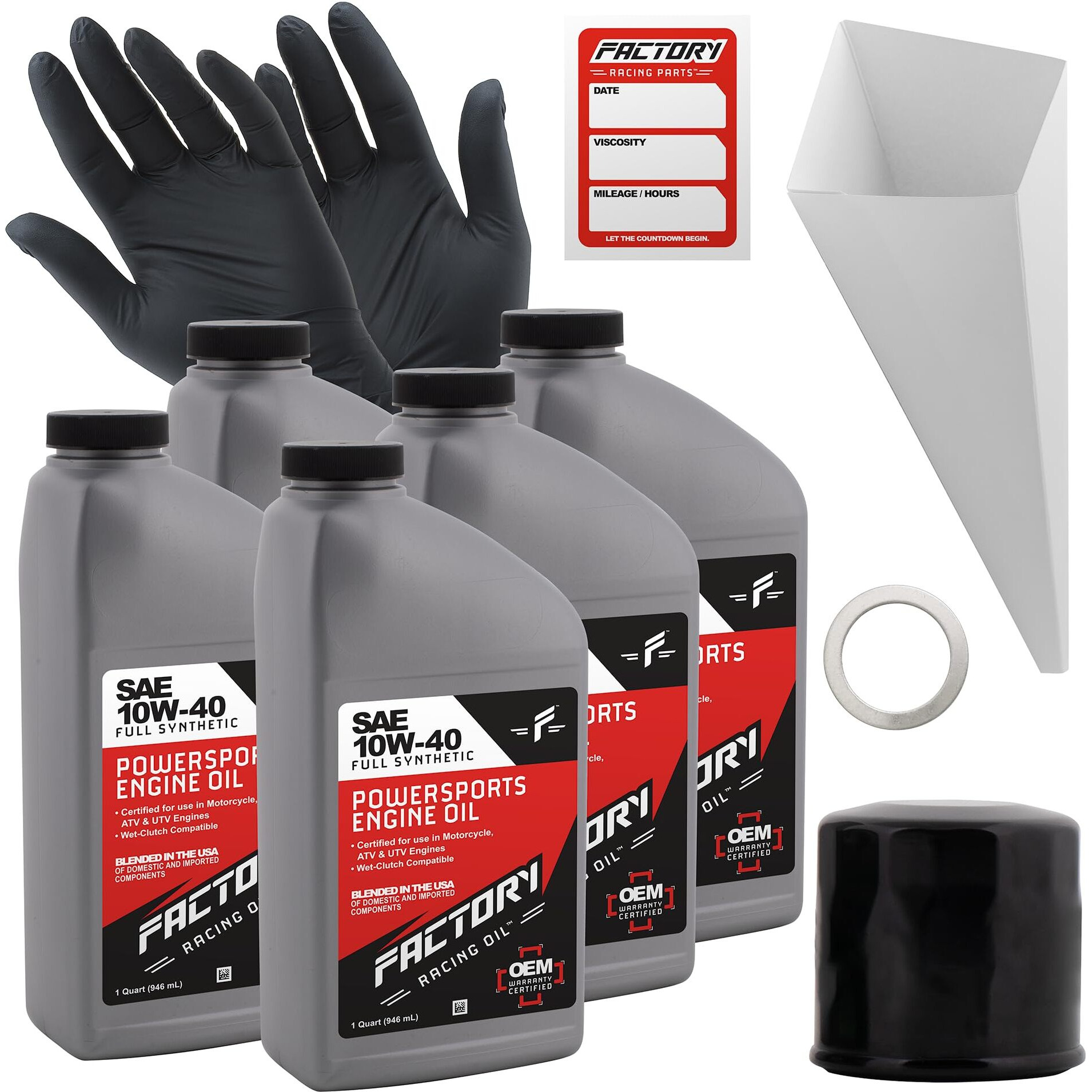 Factory Racing Parts Oil Change Kit Compatible With Yamaha Bolt Xvs950, Xvs95, Fjr1300, Mt-10 10W-40 Full Synthetic Oil - Includes 5 Quarts