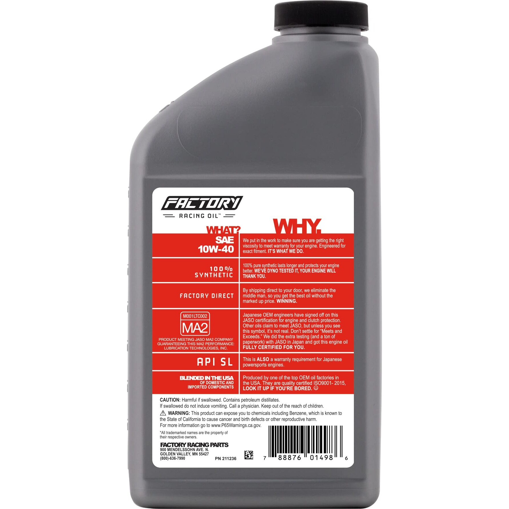 Factory Racing Parts Oil Change Kit Compatible With Yamaha Bolt Xvs950, Xvs95, Fjr1300, Mt-10 10W-40 Full Synthetic Oil - Includes 5 Quarts