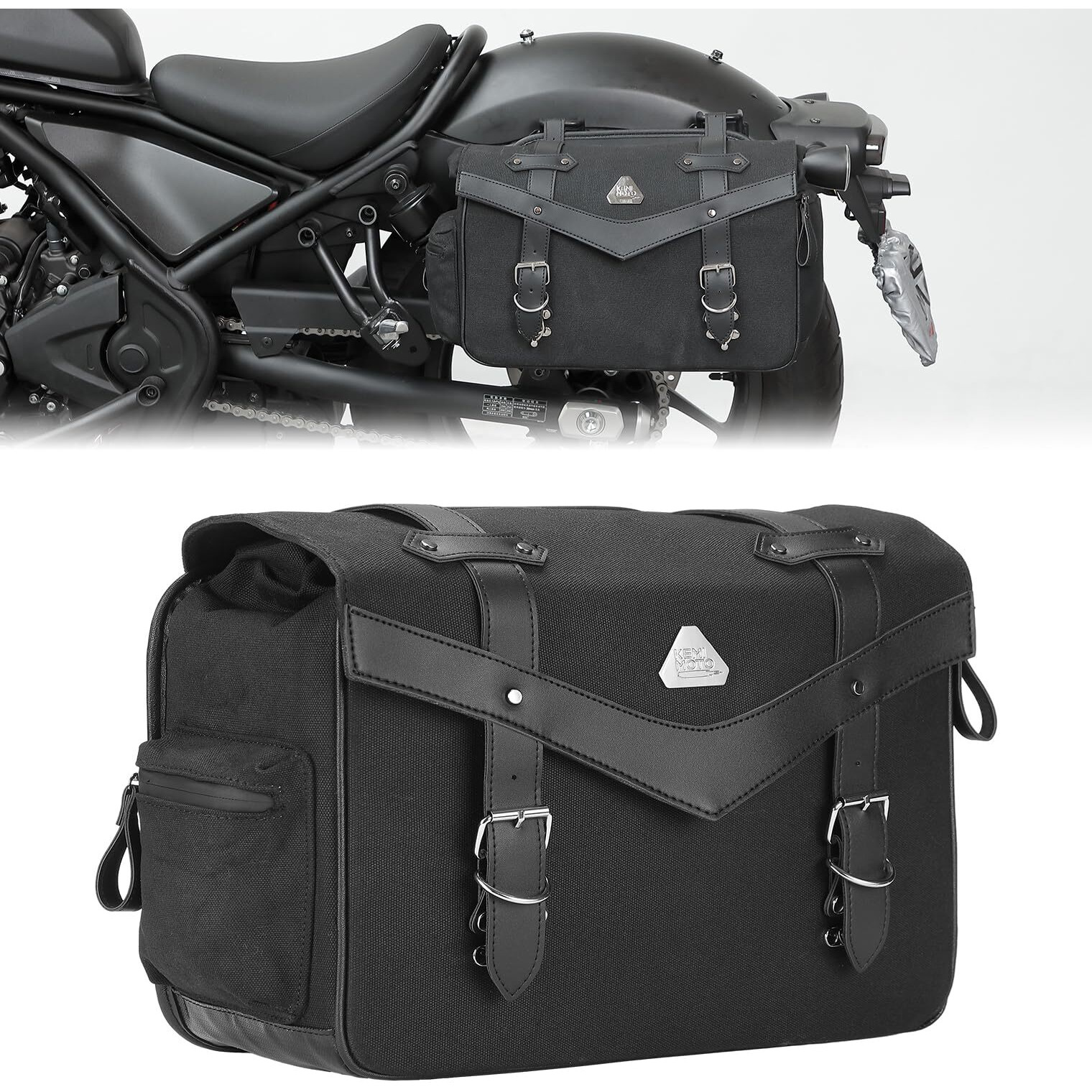Kemimoto Motorcycle Side Bag Waterproof Oil Waxed Canvas Leather Universal Single Saddle Bag Compatible With Softail Dyna Sportster Cruiser (11L)