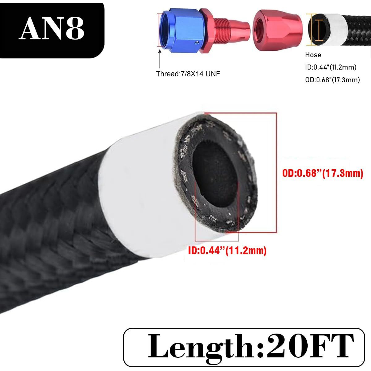 8An Fuel Line, 1/2"" Braided Fuel Hose Nylon Cpe Hose For Oil Gas, Power Steering,Fuel Transmission, 20Ft Black