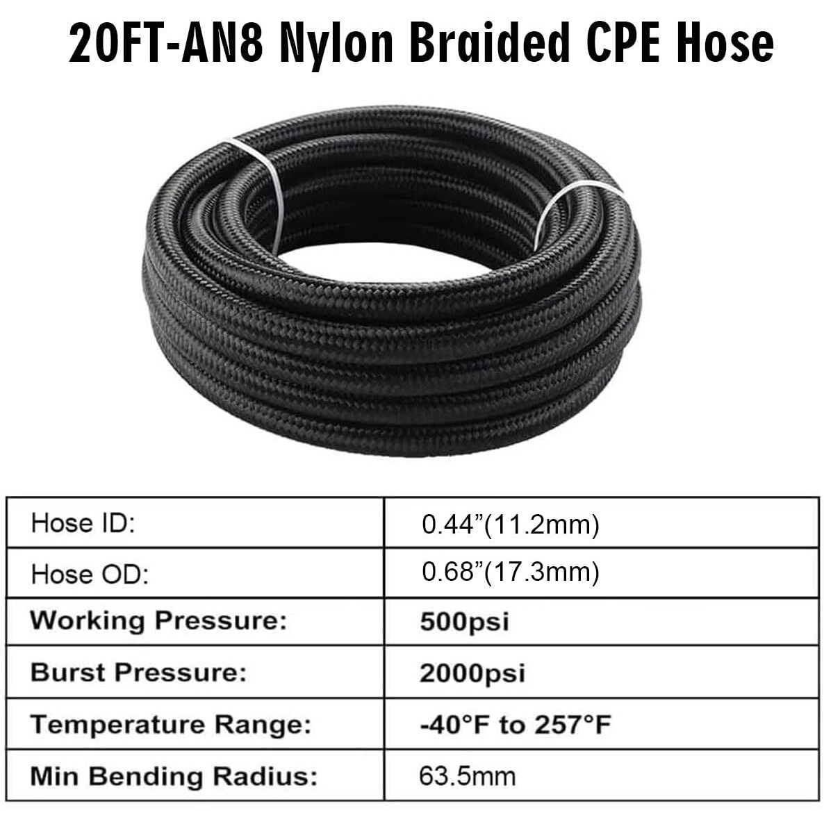 8An Fuel Line, 1/2"" Braided Fuel Hose Nylon Cpe Hose For Oil Gas, Power Steering,Fuel Transmission, 20Ft Black