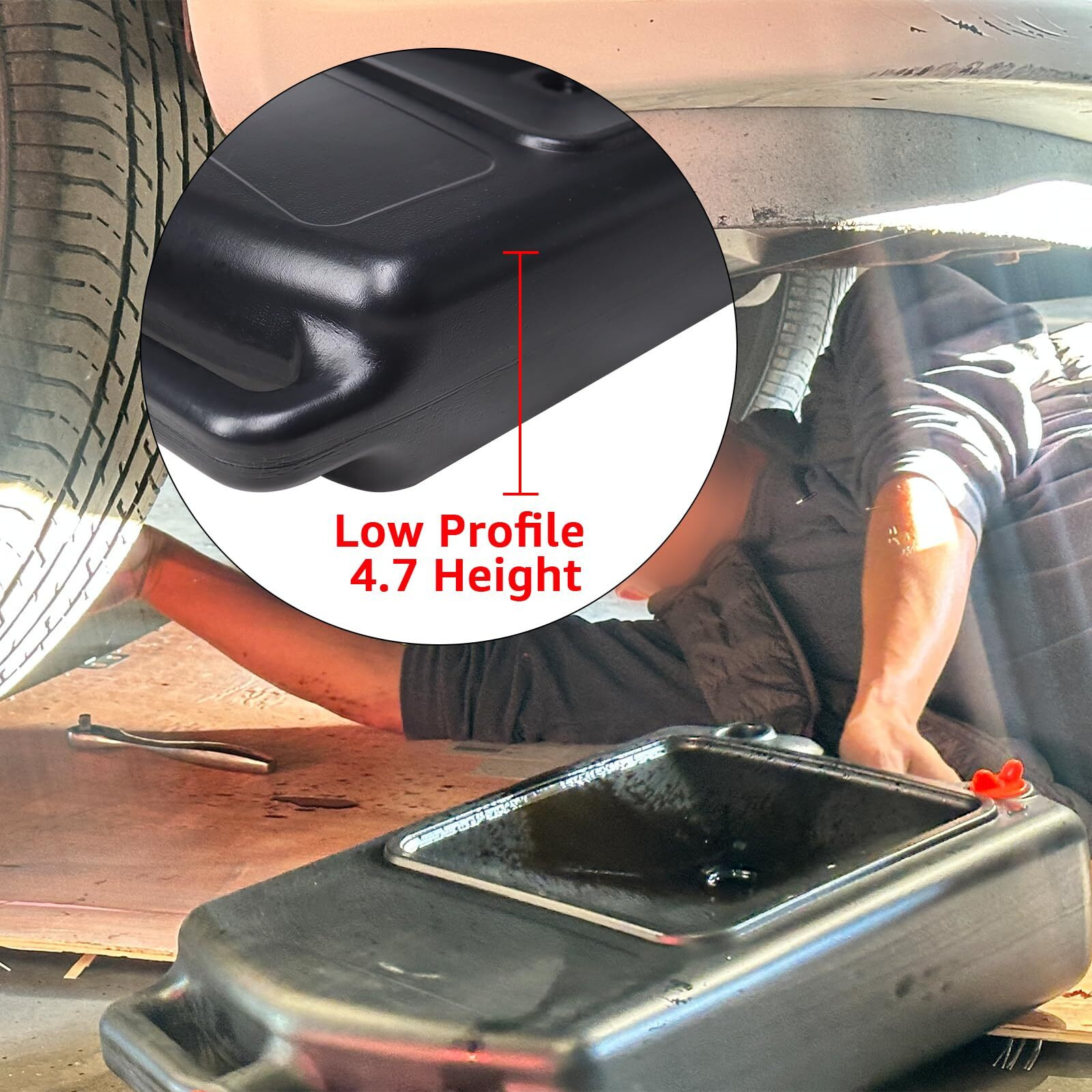 Bestool Low Profile 2.4 Gallon (10 Liter) Oil Drain Pan, Waste Oil Storage Container For Cars And Motorcycle, Fits Most Low Clearance Vehicles