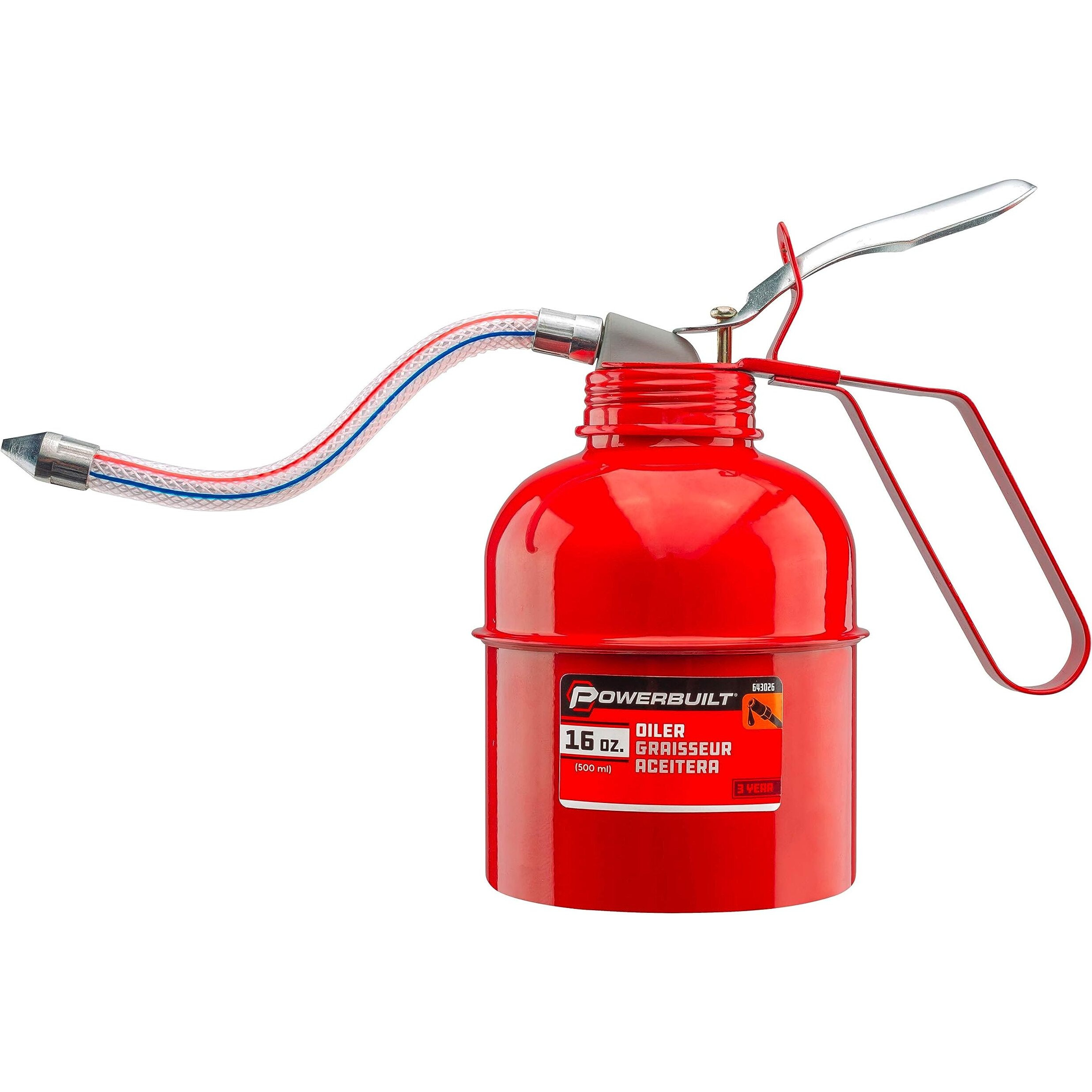 Powerbuilt Oil Lubrication Can 1 Pint Capacity, Thumb Lever Pump Handle, Flexible Hose Spout, Car, Machinery - Red 643026