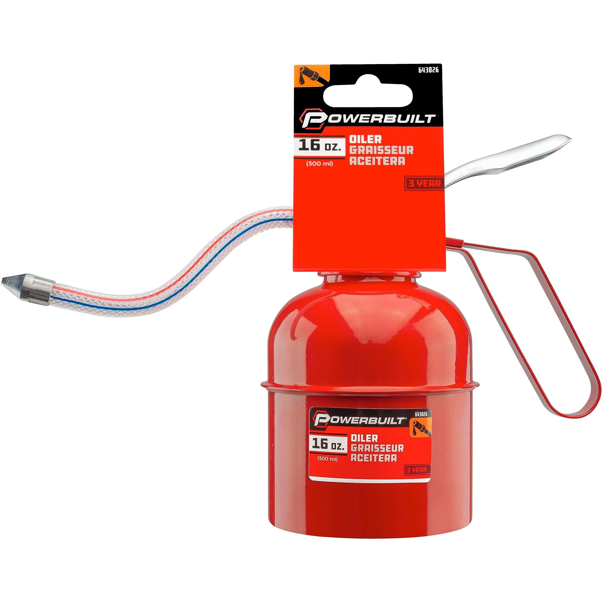 Powerbuilt Oil Lubrication Can 1 Pint Capacity, Thumb Lever Pump Handle, Flexible Hose Spout, Car, Machinery - Red 643026
