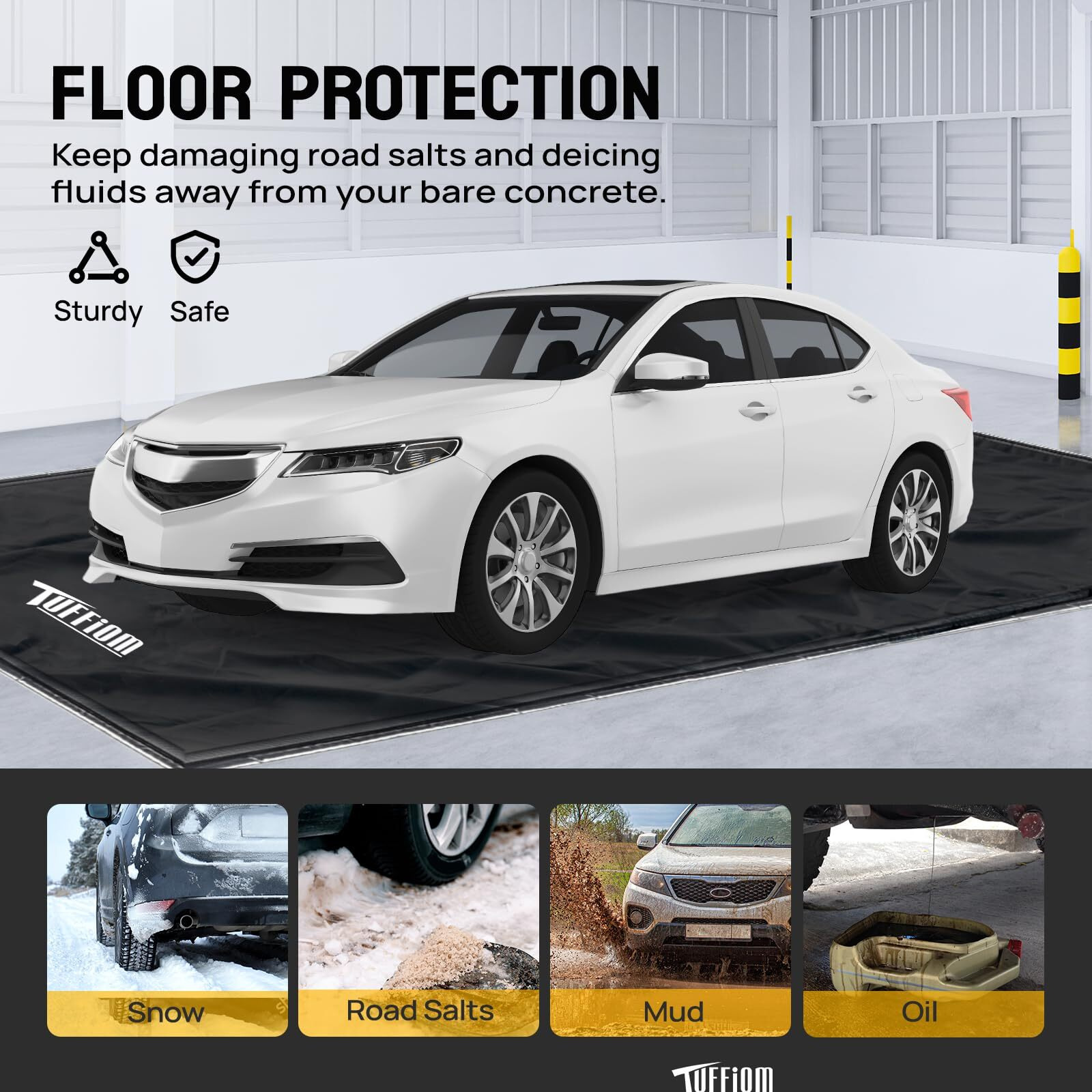 Tuffiom Containment Mat W/Squeegee, 7'9"" X 16' Garage Floor Mats For Under Car, Heavy Duty Waterproof Car Parking Mats For Snow Ice Rain Mud Oil