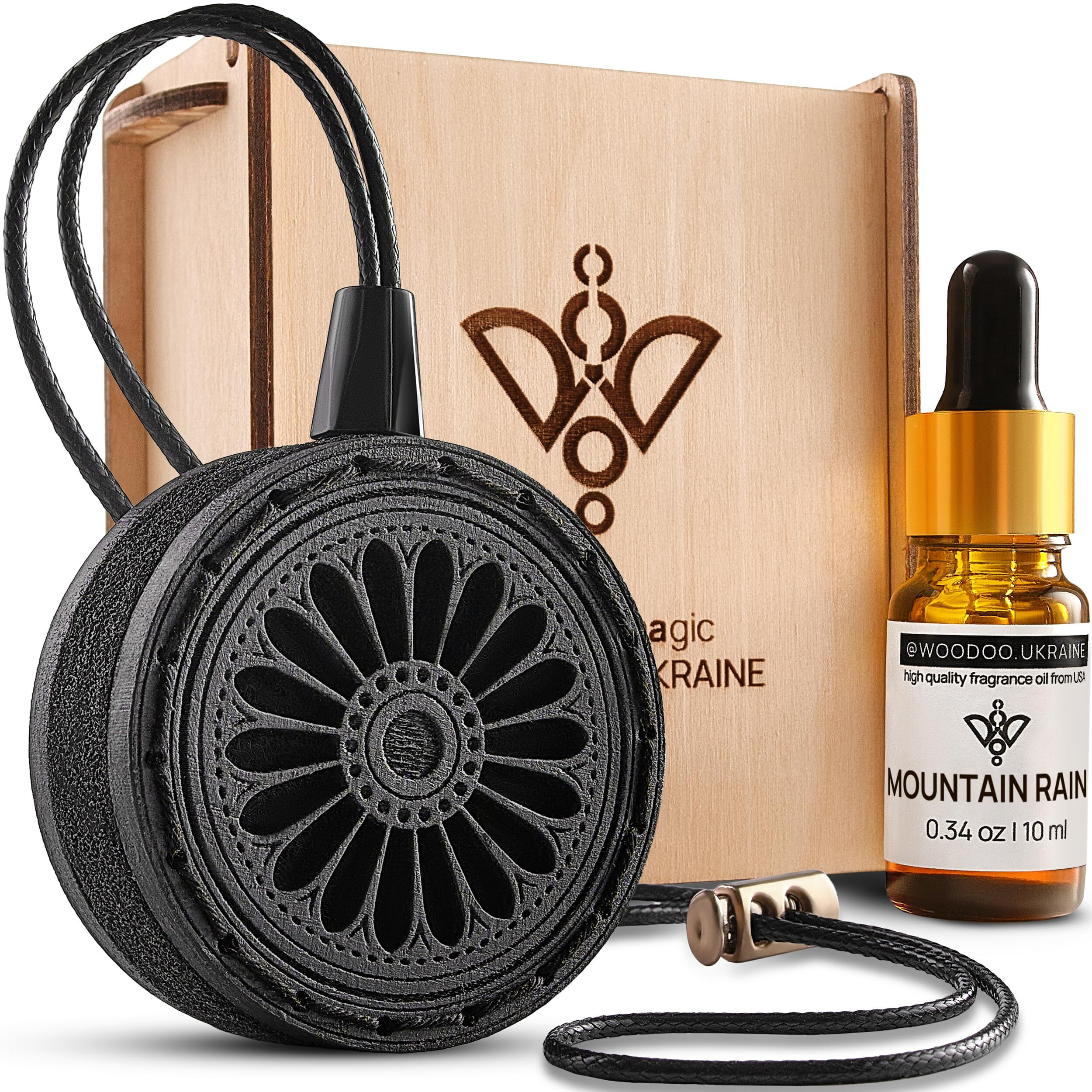 @Woodoo.Ukraine Wood Car Air Freshener - Handmade Air Freshener - Best Wheels Aromatherapy Fragrance Oil Diffuser In Wooden Gift Box - Ready To Gift Set With Mountain Rain Fragrance Oil - 10 Ml